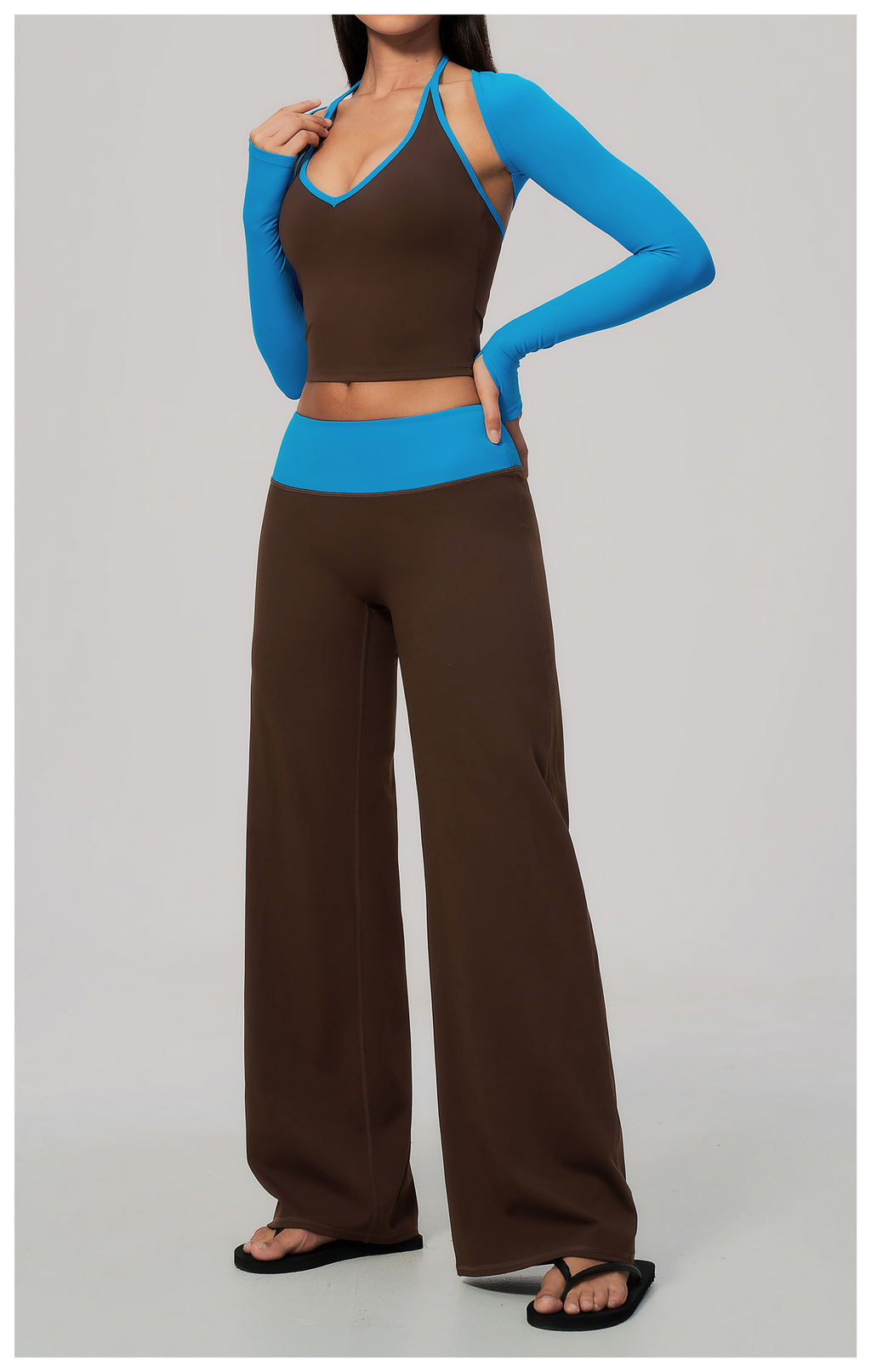Women 3 Piece Contrast Color Halter Neck Yoga Set Long Sleeve Shrug V Neck Yoga Vest Wide Leg Pants