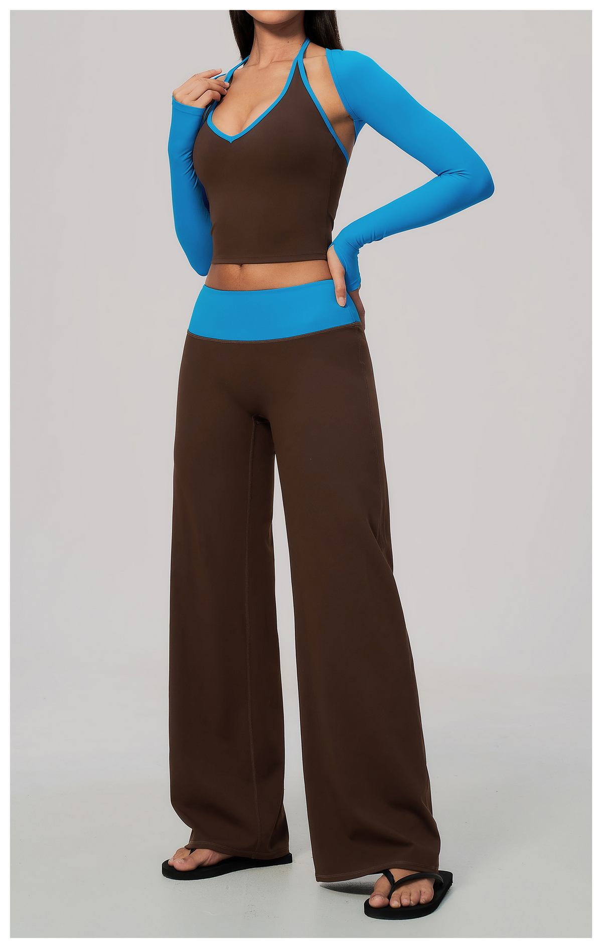 Women 3 Piece Contrast Color Halter Neck Yoga Set Long Sleeve Shrug V Neck Yoga Vest Wide Leg Pants
