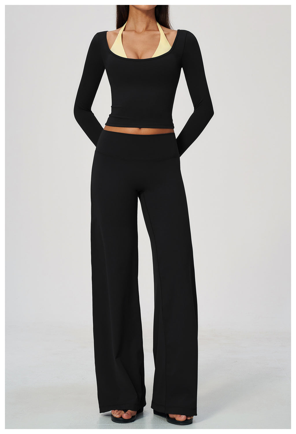 2 Piece Colorblock Double Strap Halter Long Sleeve Cropped Fitness Yoga Top and High Waisted Loose Fit Wide Leg Yoga Pants Set