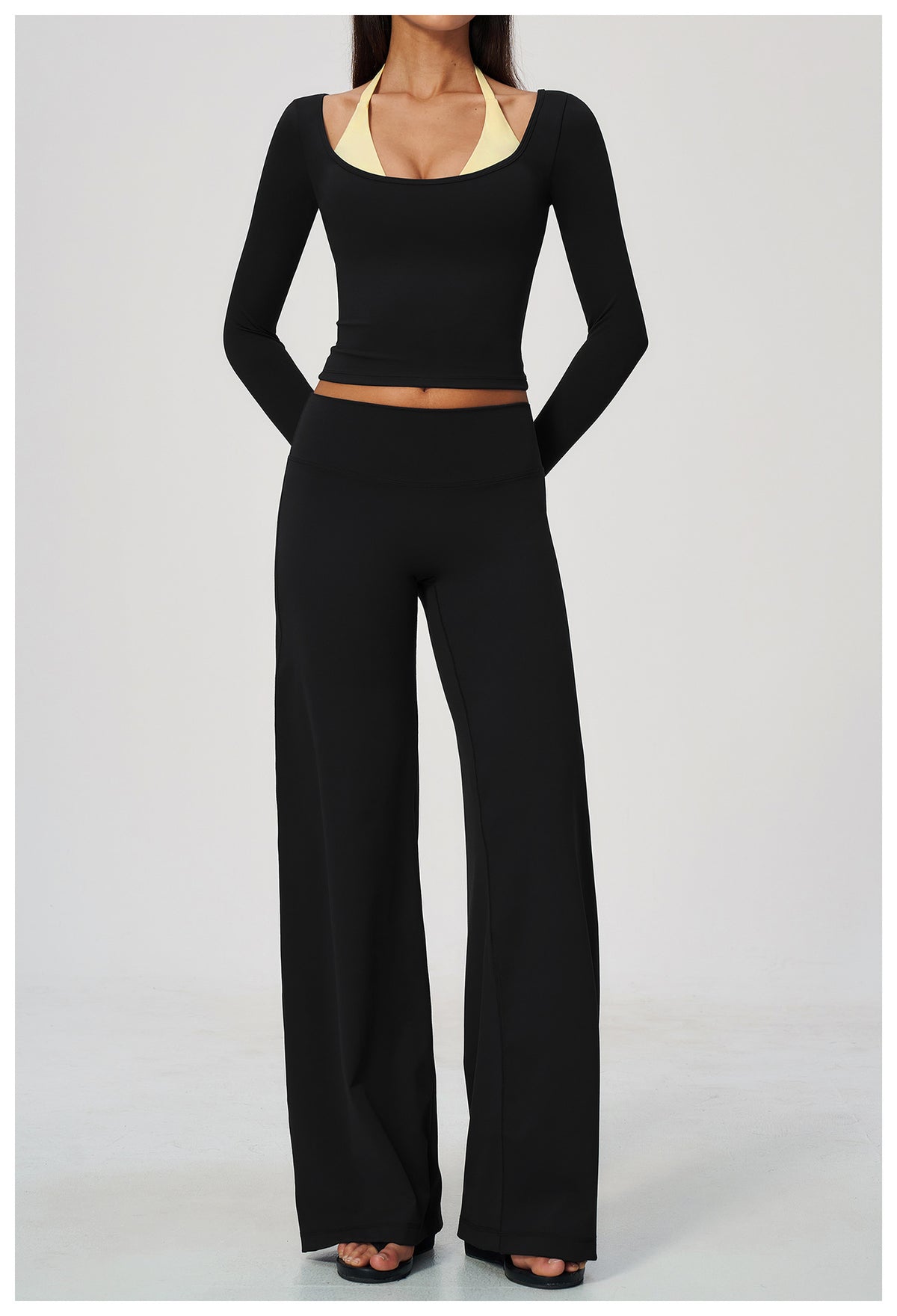 2 Piece Colorblock Double Strap Halter Long Sleeve Cropped Fitness Yoga Top and High Waisted Loose Fit Wide Leg Yoga Pants Set