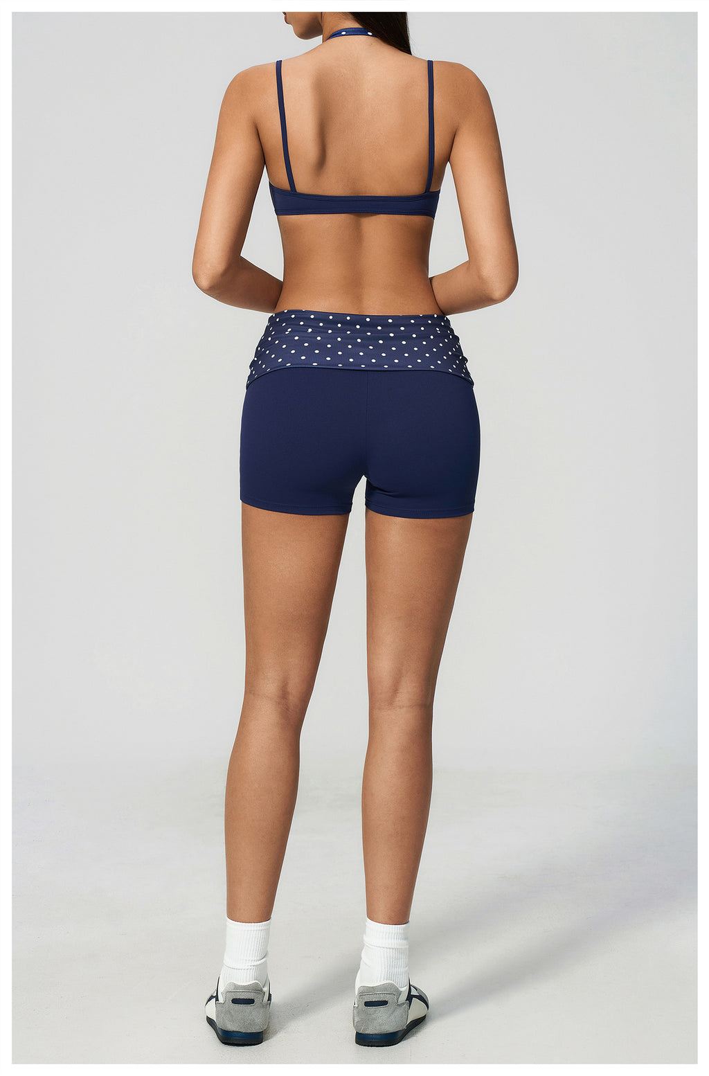 Women 2 Piece Yoga Set Halter Fake Two Piece Sports Bra and Fold Over Striped Waist Biker Shorts