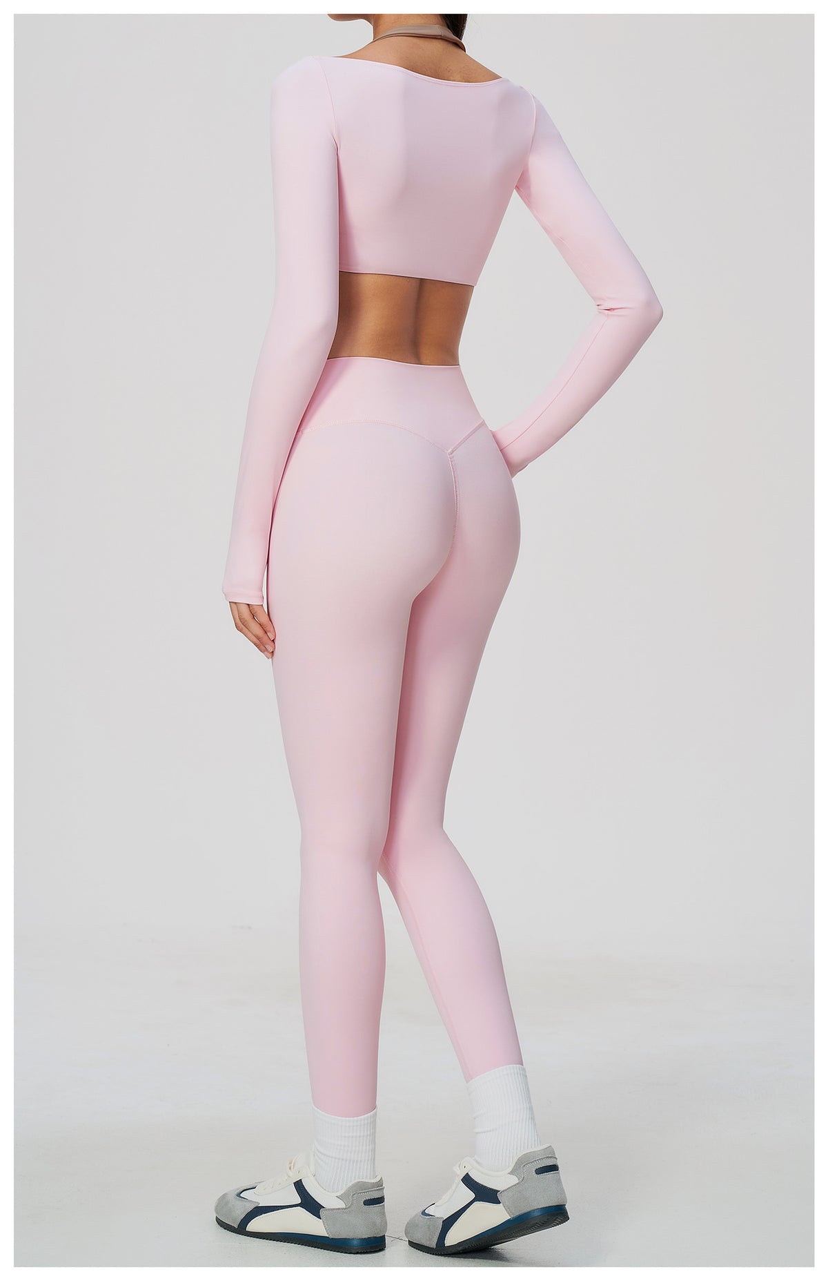 2 Piece Colorblock Halter Long Sleeve Cropped Yoga Top and Cross Waist Yoga Leggings Set