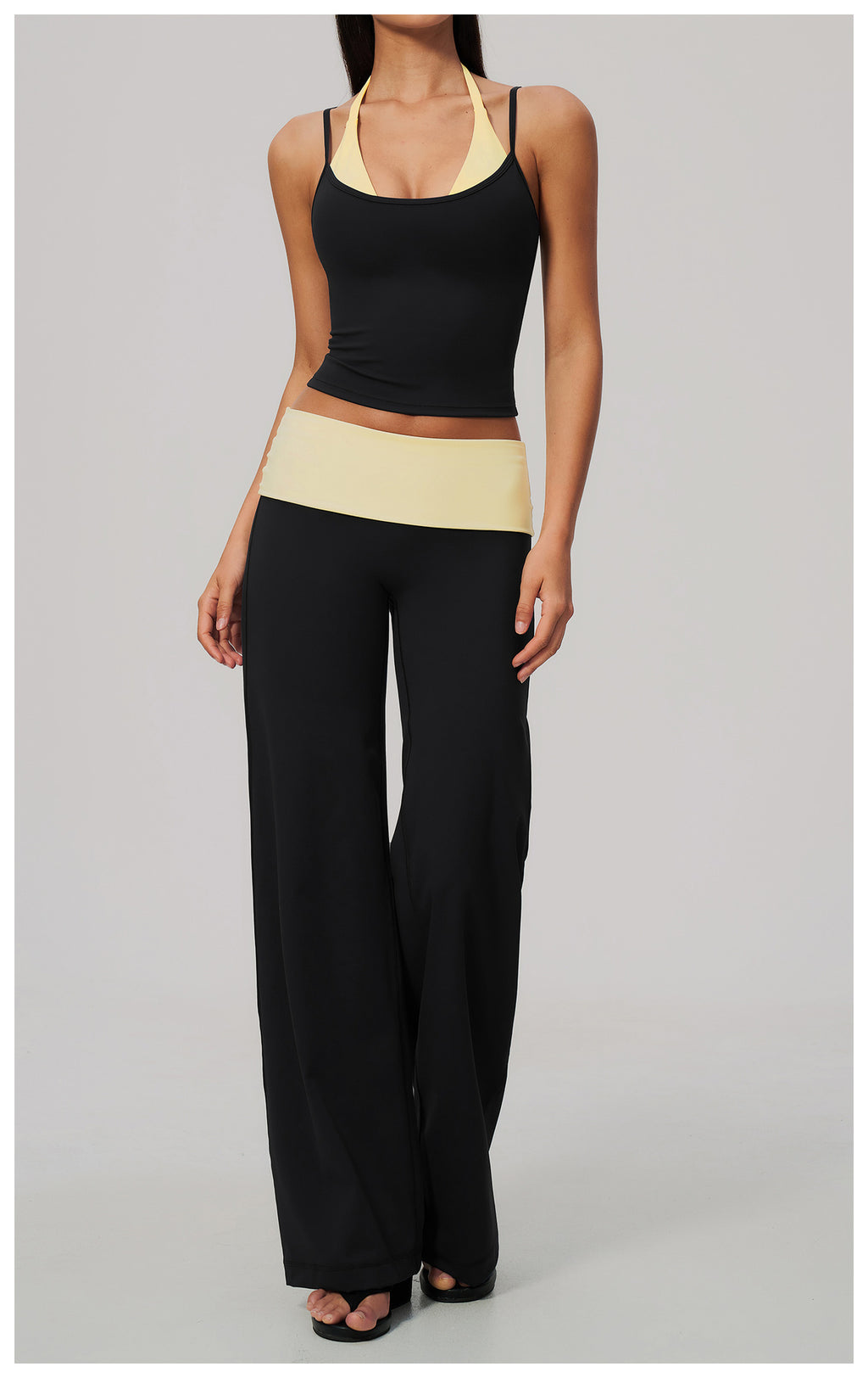 2 Piece Colorblock Double Strap Halter Yoga Vest and Foldover Waist High-Rise Loose Wide Leg Yoga Pants Set