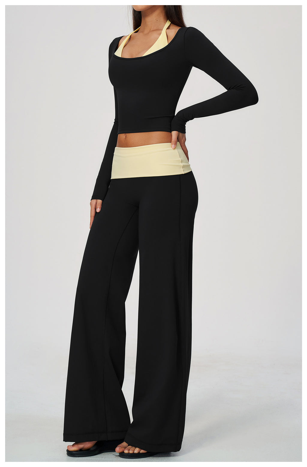 2 Piece Colorblock Double Strap Halter Long Sleeve Cropped Fitness Yoga Top and Foldover Waist High-Rise Loose Wide Leg Yoga Pants Set
