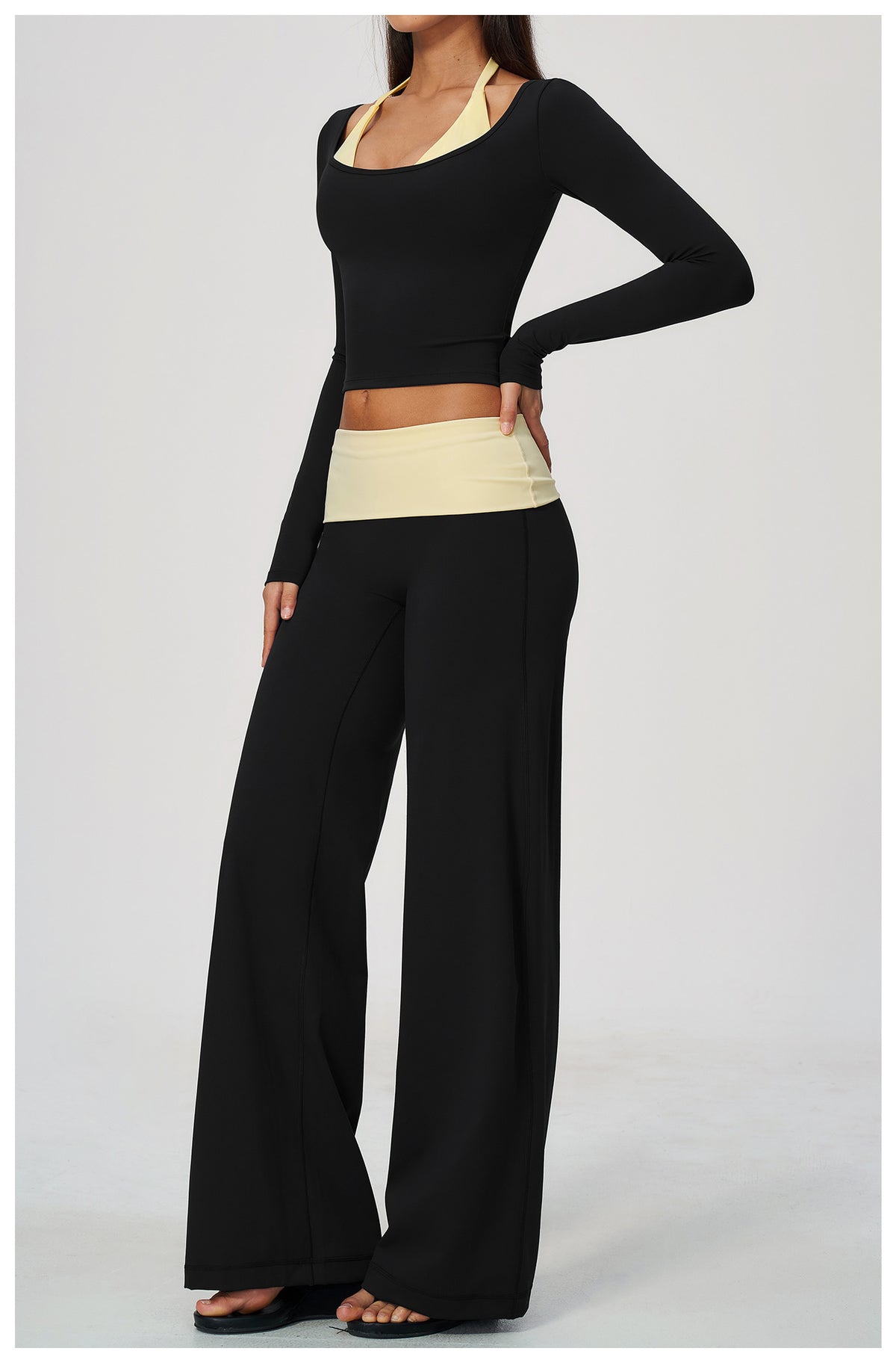 2 Piece Colorblock Double Strap Halter Long Sleeve Cropped Fitness Yoga Top and Foldover Waist High-Rise Loose Wide Leg Yoga Pants Set