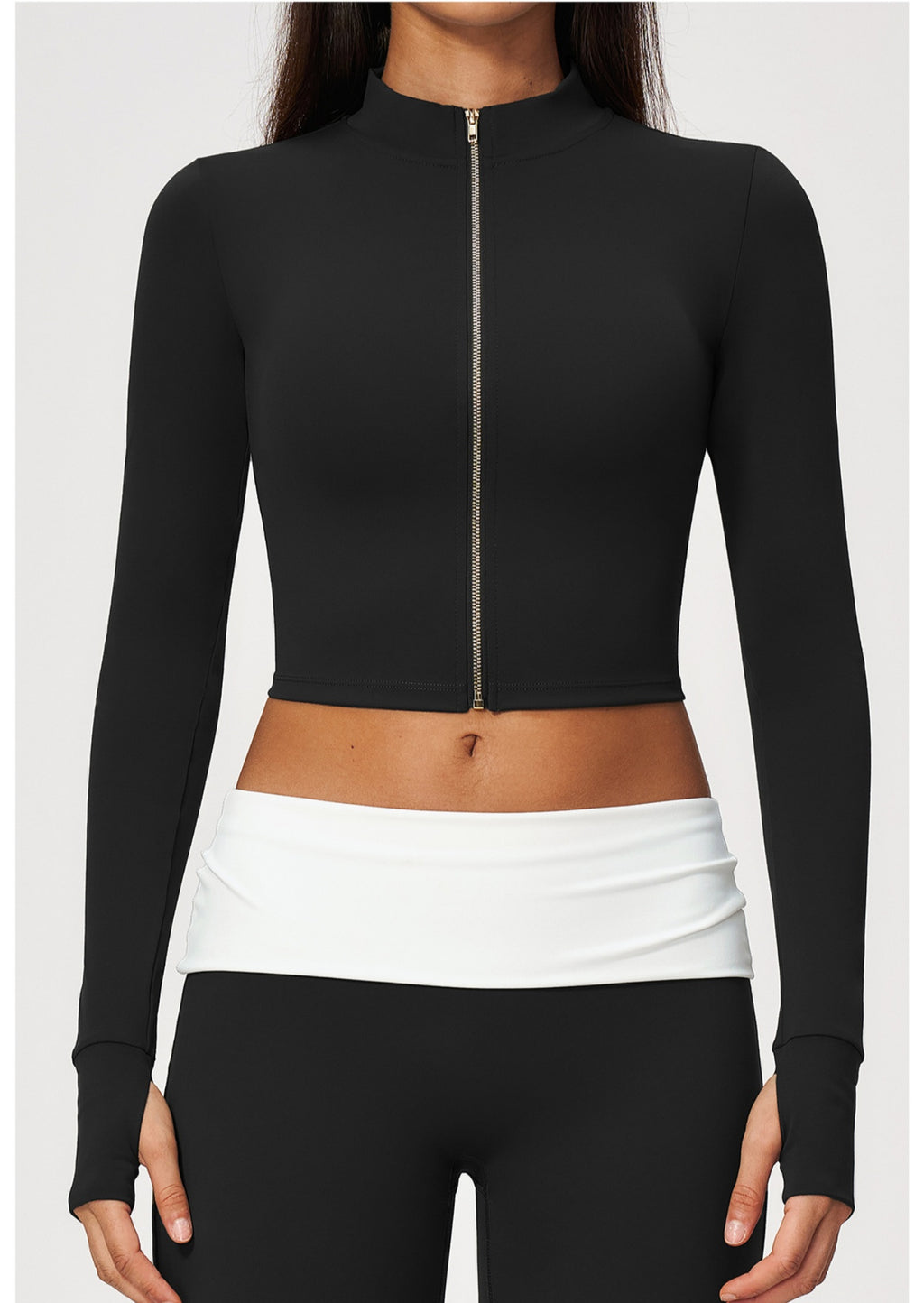 Women Stand Collar Full Zip Cropped Running Yoga Workout Jacket with Thumb Holes
