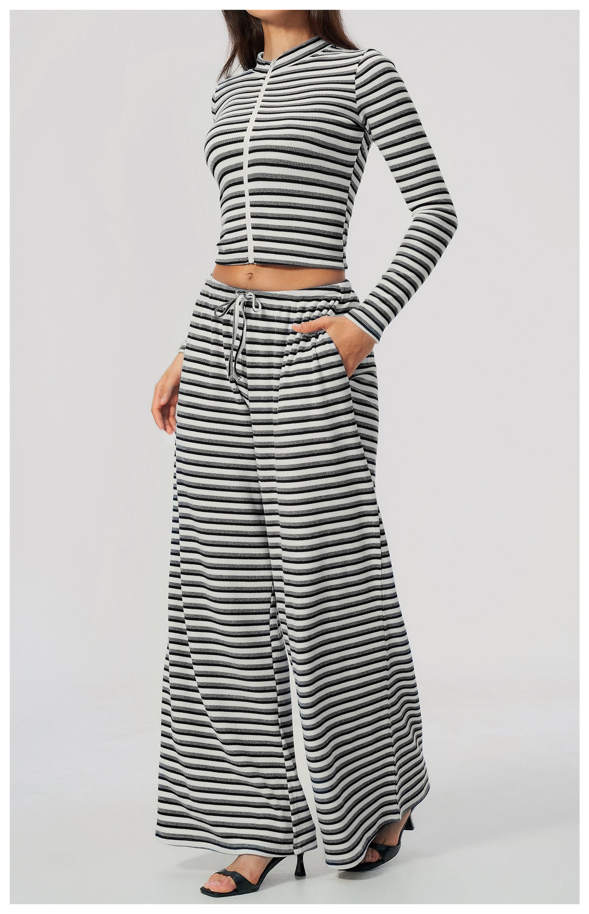 2 Piece Workout Loungewear Set Women Ribbed Striped Stand Collar Long Sleeve Cropped Zip up Jacket and Elastic Drawstring Waist Wide Leg Pants with Pocket