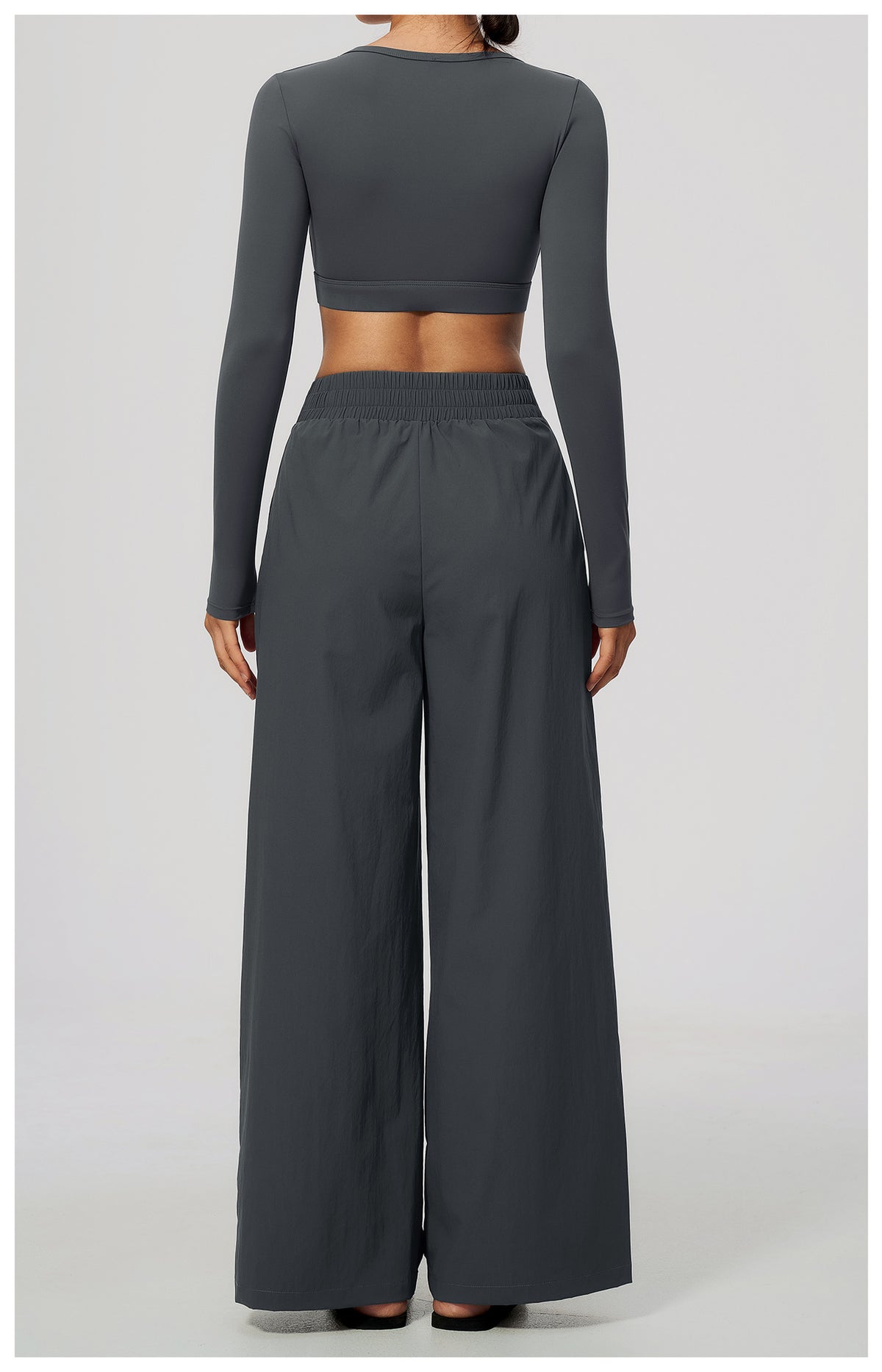 2 Piece Set Women U Neck Long Sleeve Short Workout Top with Removable Padded and High Waist Loose Casual Sports Wide Leg Pants