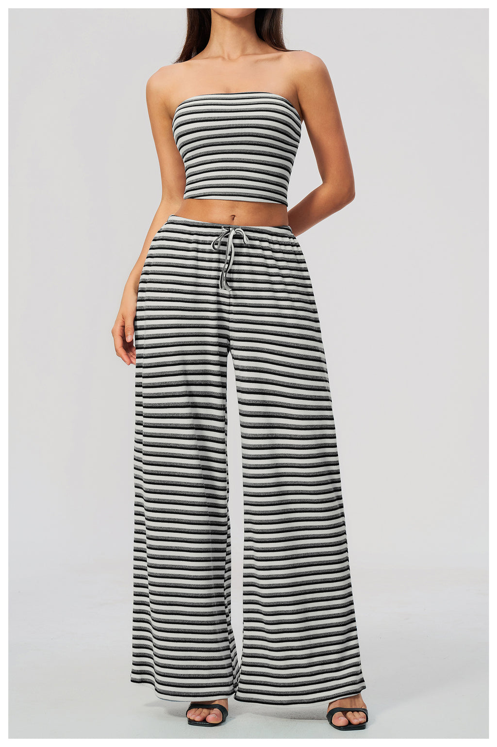 2 Piece Workout Loungewear Set Women Ribbed Striped Strapless Soft Tube Top and Elastic Drawstring Waist Wide Leg Pants with Pocket