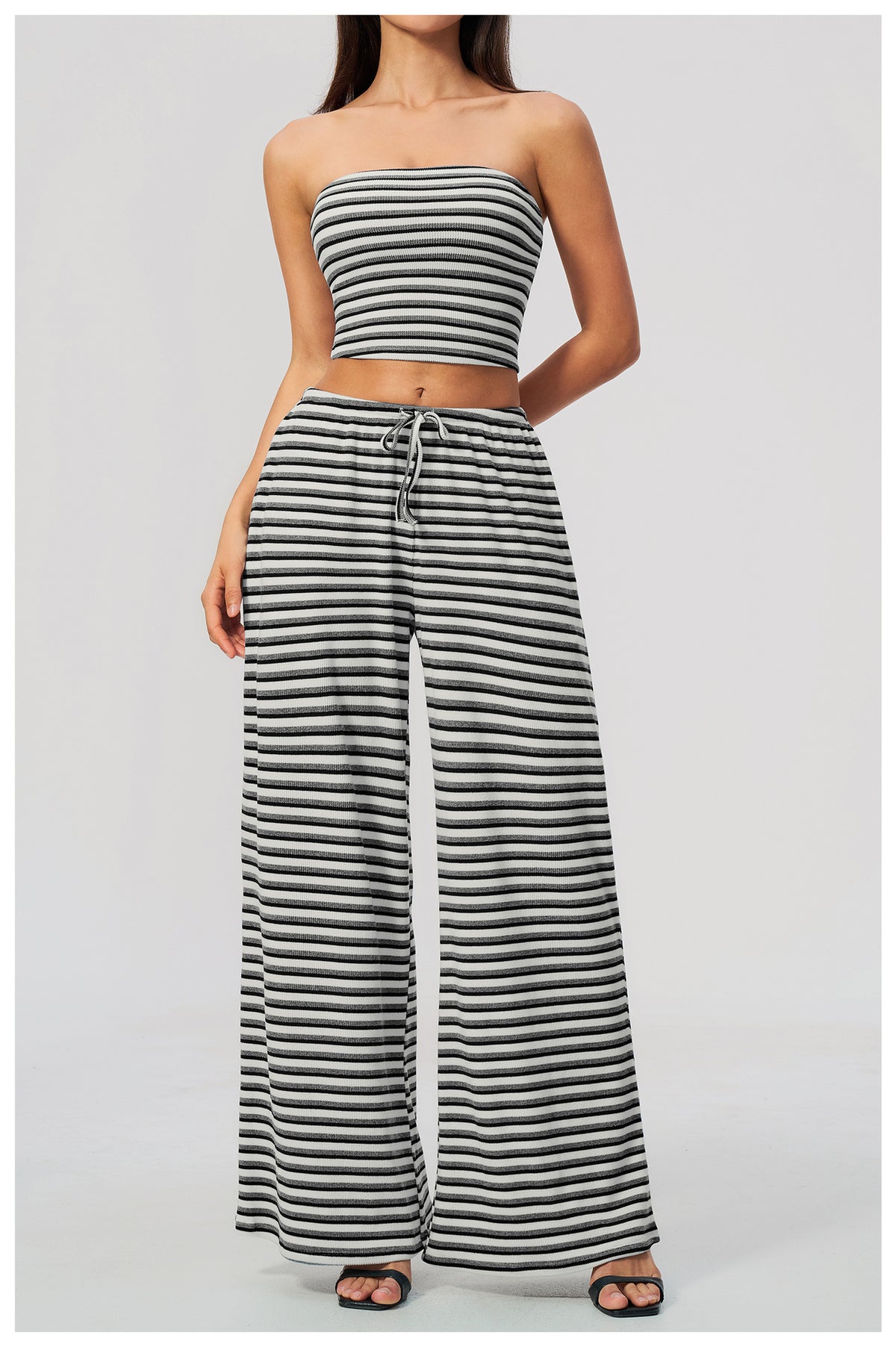 2 Piece Workout Loungewear Set Women Ribbed Striped Strapless Soft Tube Top and Elastic Drawstring Waist Wide Leg Pants with Pocket
