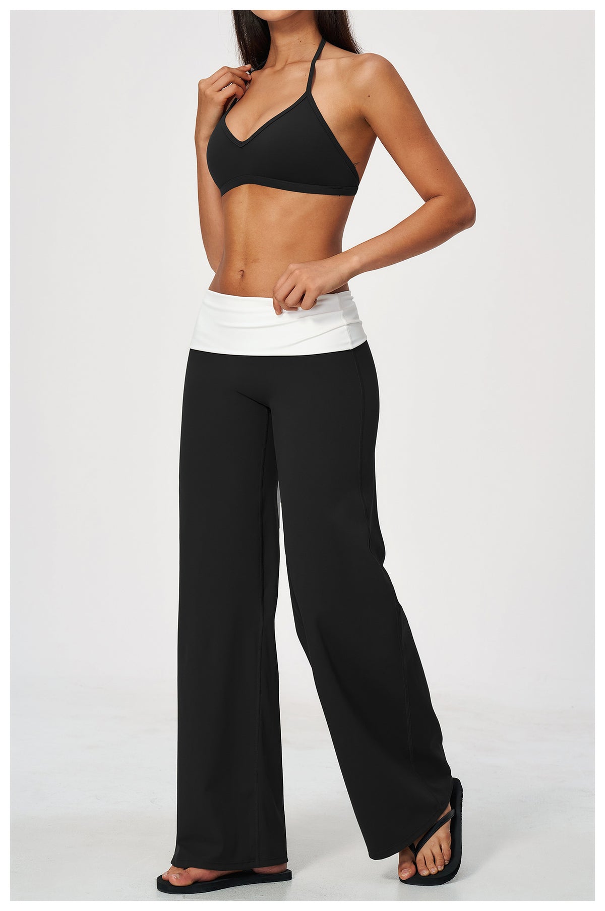 2 Piece Set Deep V-Neck Halter Thin Strap Backless Sports Bra and ColorBlock High Waisted Wide Leg Yoga Athletic Pants