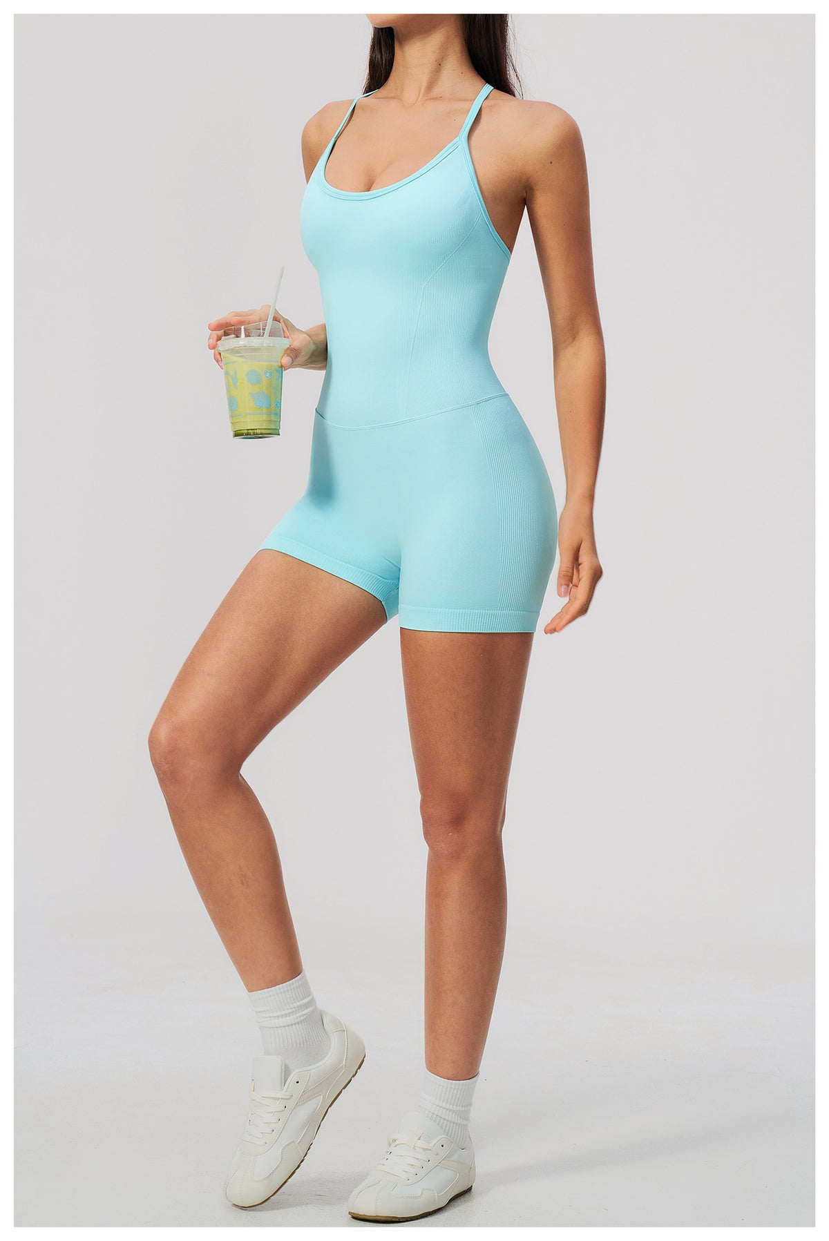 Women Seamless Yoga Romper Y-Back Spaghetti Strap Workout Bodysuit Tummy Control Butt Lifter Short Jumpsuit for Gym Fitness