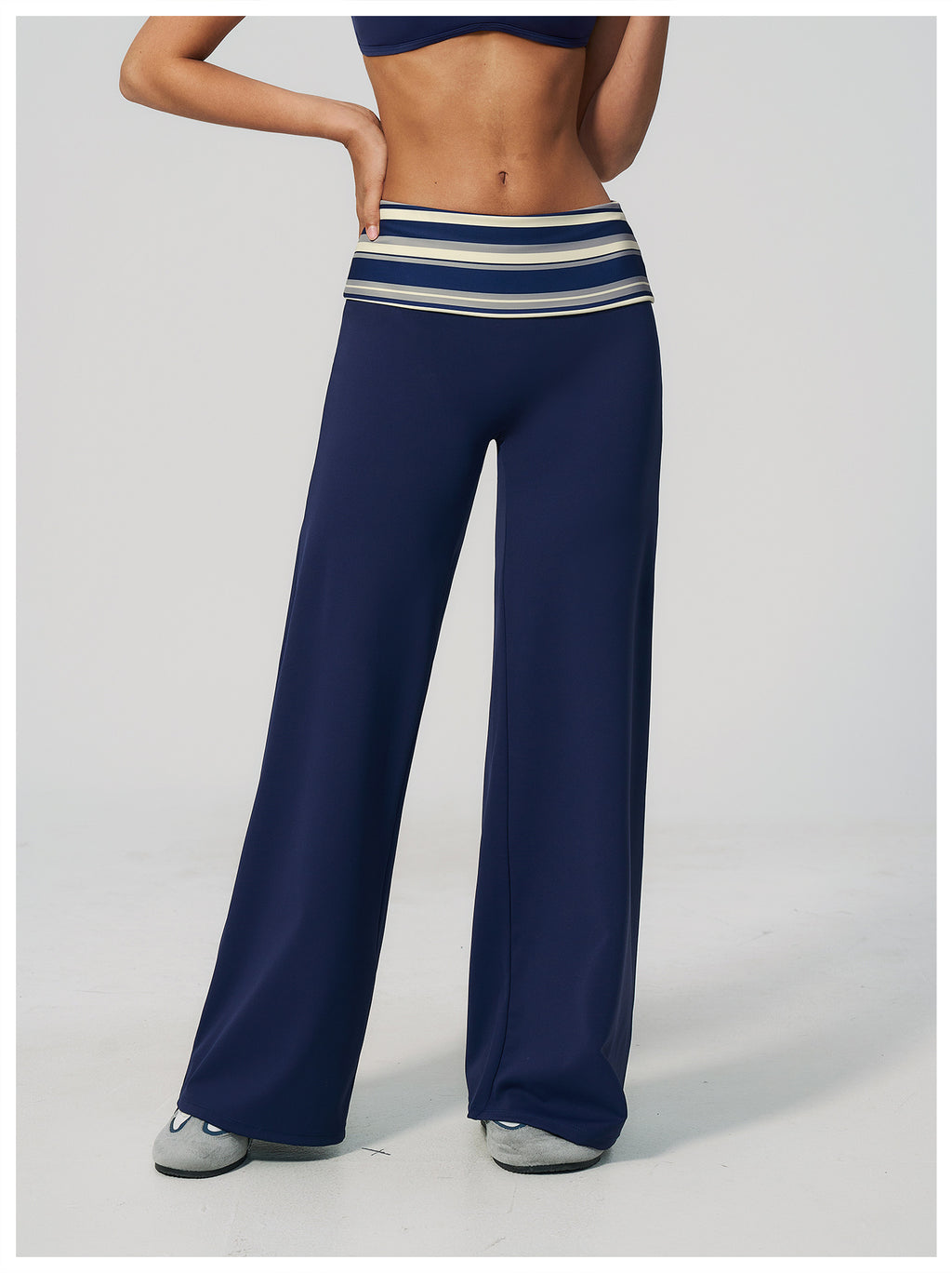 Women Fold Over Striped Waist Flare Yoga Pants High Waist Bootcut Workout Pants