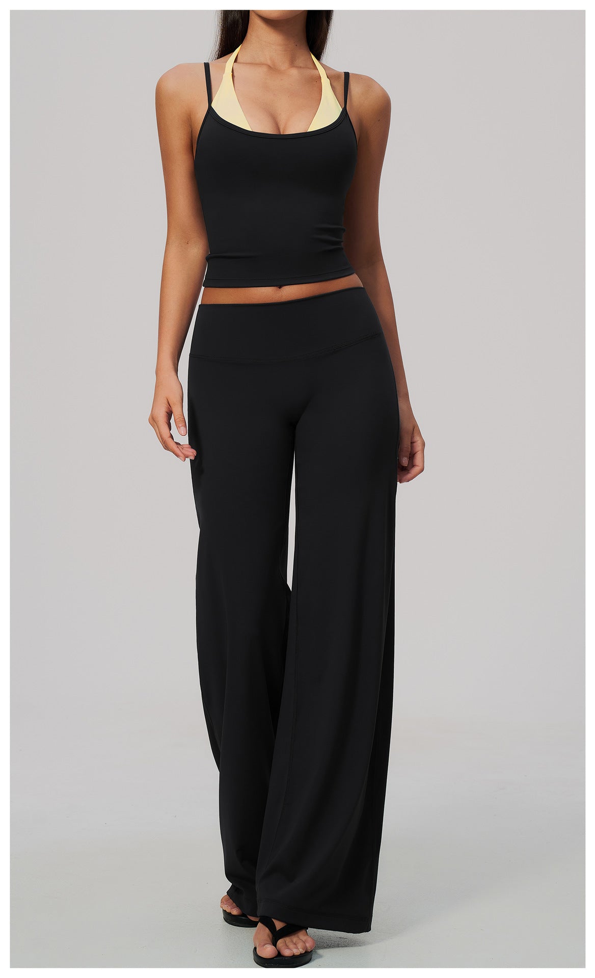 2 Piece Colorblock Double Strap Halter Yoga Vest and High Waisted Loose Fit Wide Leg Yoga Pants Set