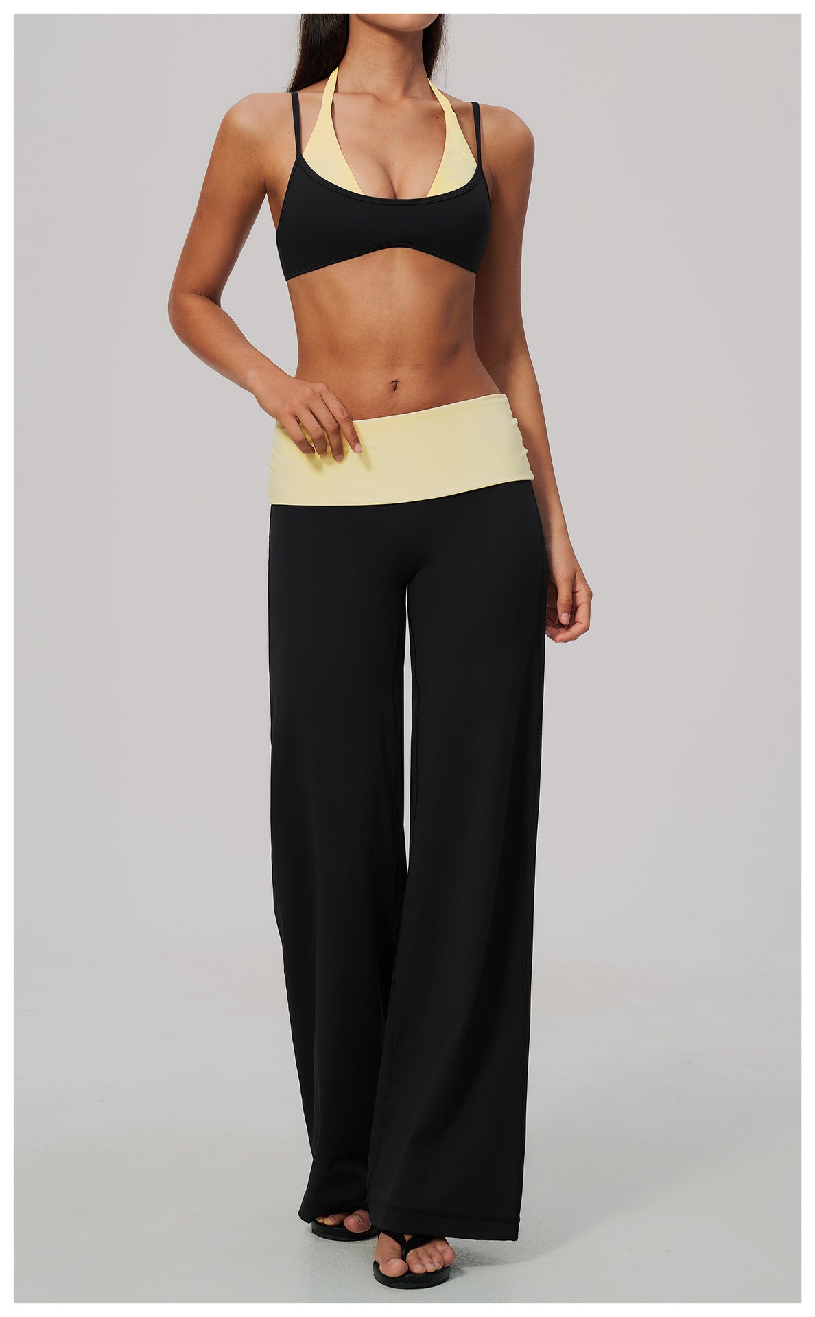 2 Piece Colorblock Double Strap Halter Sports Bra and Foldover Waist High-Rise Loose Wide Leg Yoga Pants Set