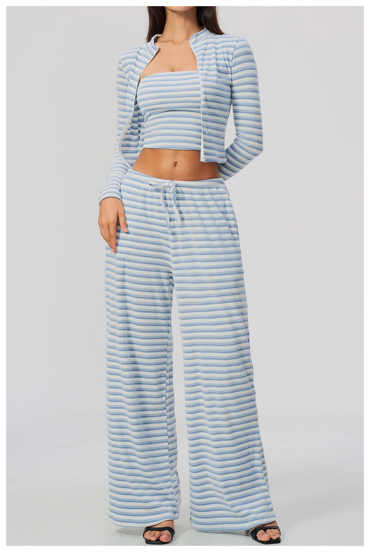 3 Piece Striped Yoga Set Long Sleeve Zip up Jacket Strapless Soft Tube Top Elastic Drawstring Waist Wide Leg Pants Workout Outfit Gym Running Sports Activewear Set