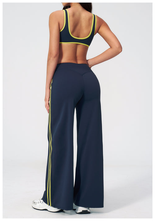 2 PCS Gym Set Women Contrast Color V Neck Backless Sports Bra and Contrast Side Stripe Fitness Sports Wide Leg Pants