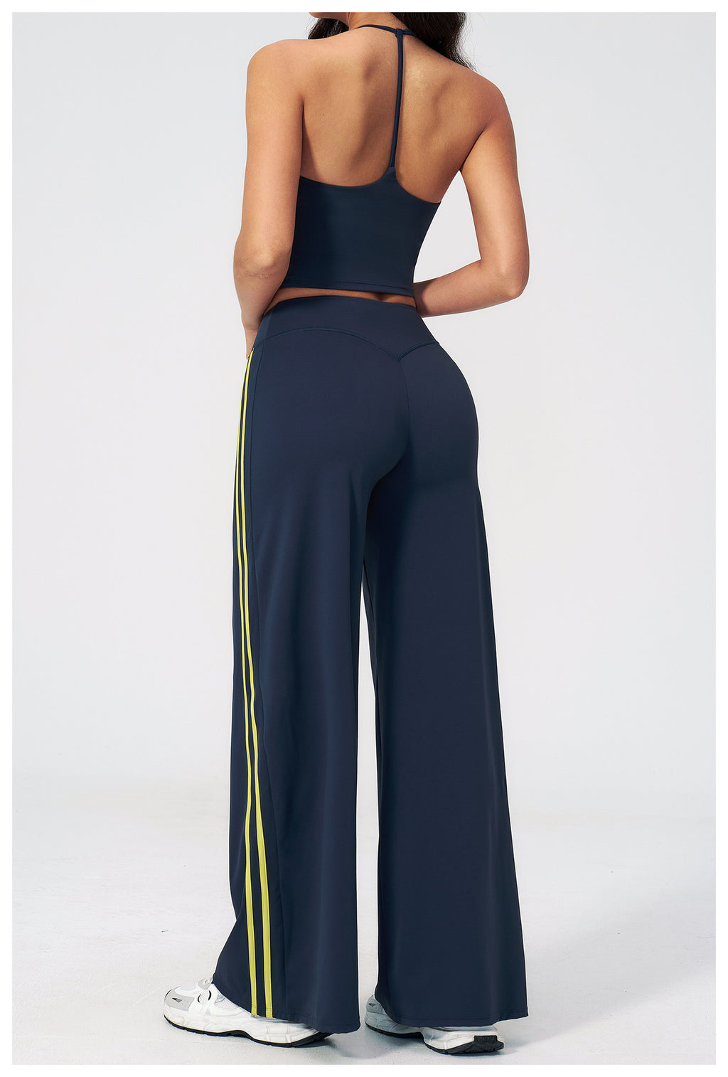 2 PCS Workout Set Women V Neck T-Back Halter Crop Tank Top and Contrast Side Stripe Fitness Sports Wide Leg Pants