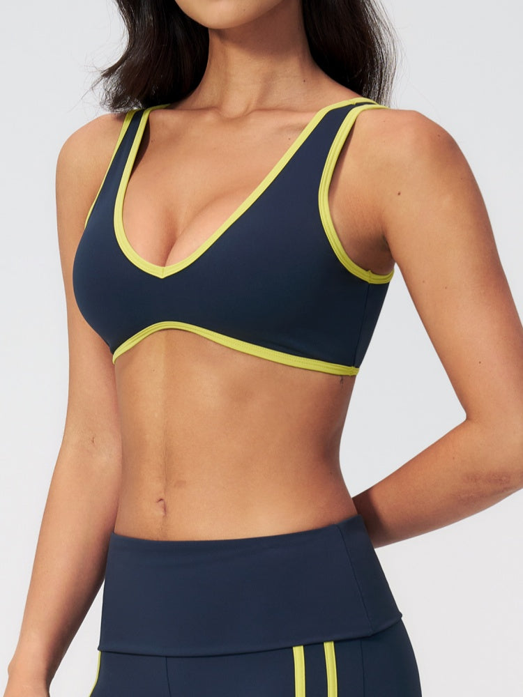 Women Contrast Color V Neck U Back Sports Bra