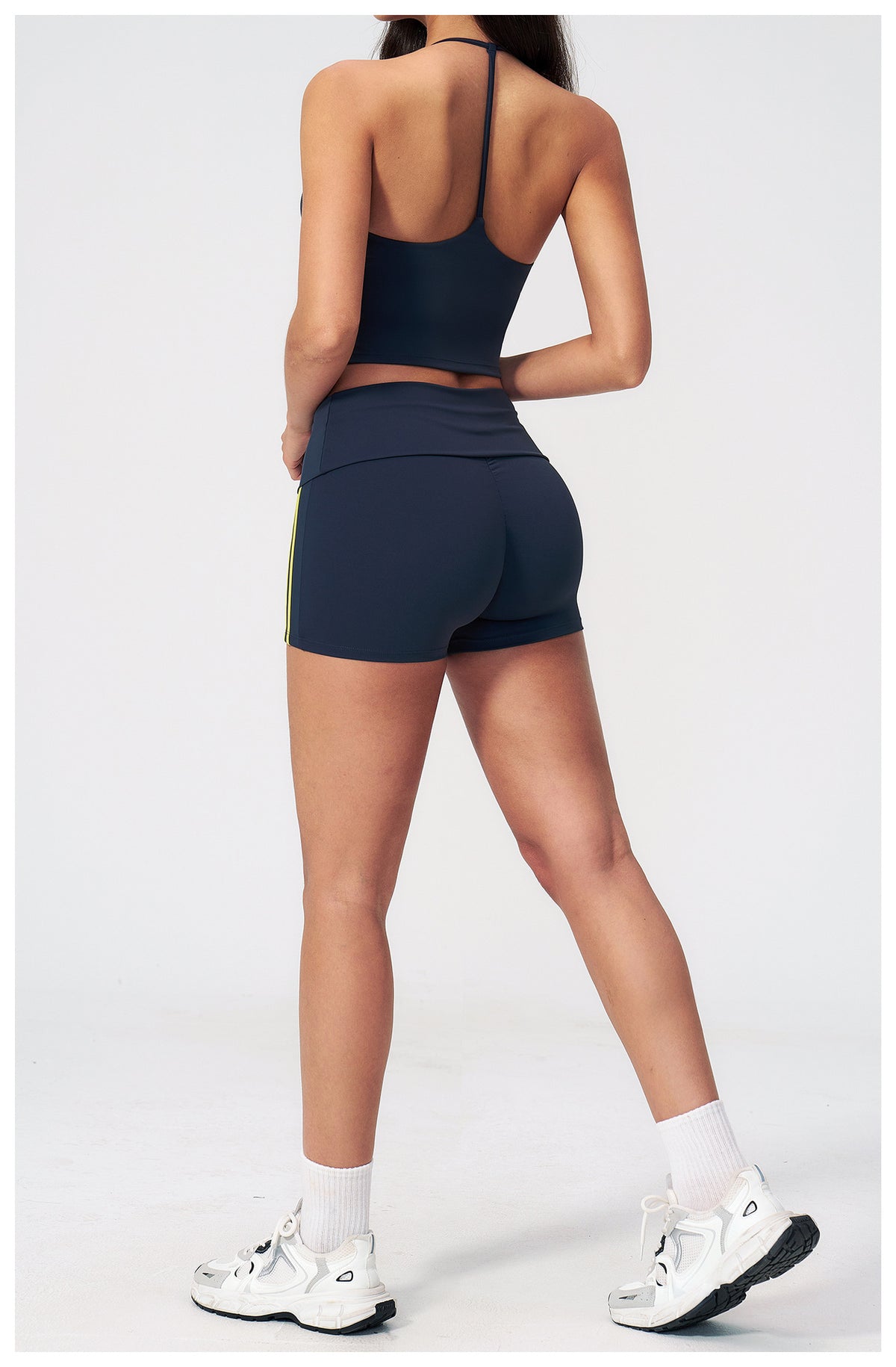 2 PCS Gym Set Women V Neck T-Back Halter Crop Yoga Vest and Fold Over Waist Running Shorts
