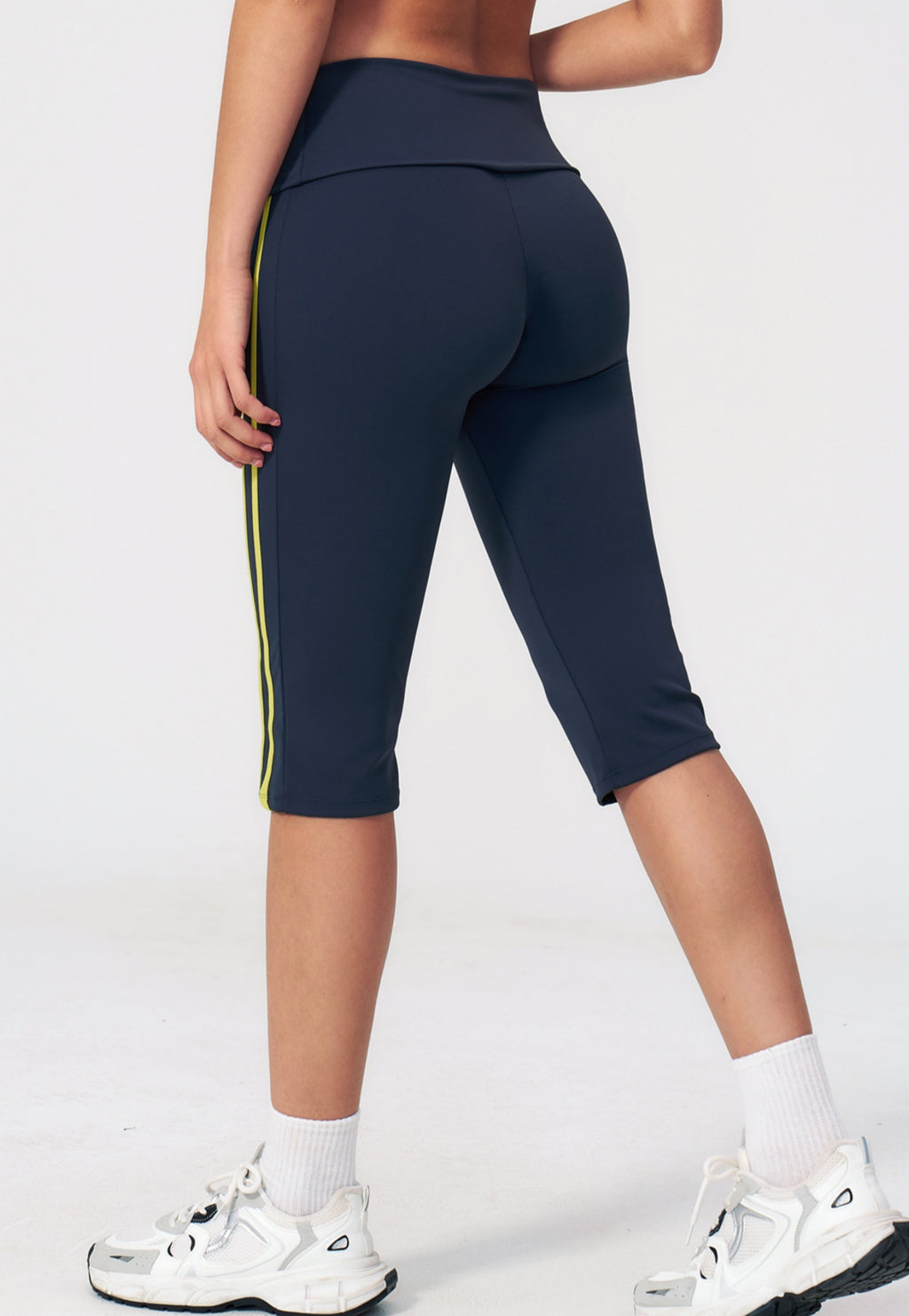 Women Fold Over Waist Contrast Side Stripe Capri Yoga Leggings