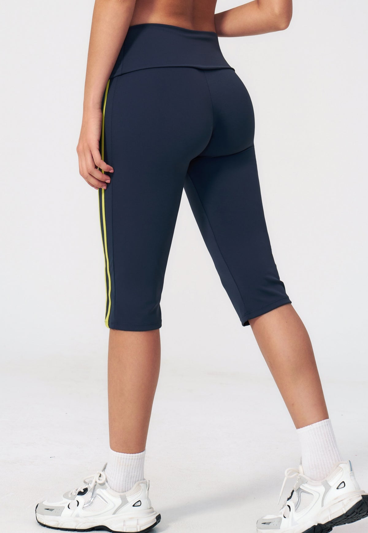 Women Fold Over Waist Contrast Side Stripe Capri Yoga Leggings