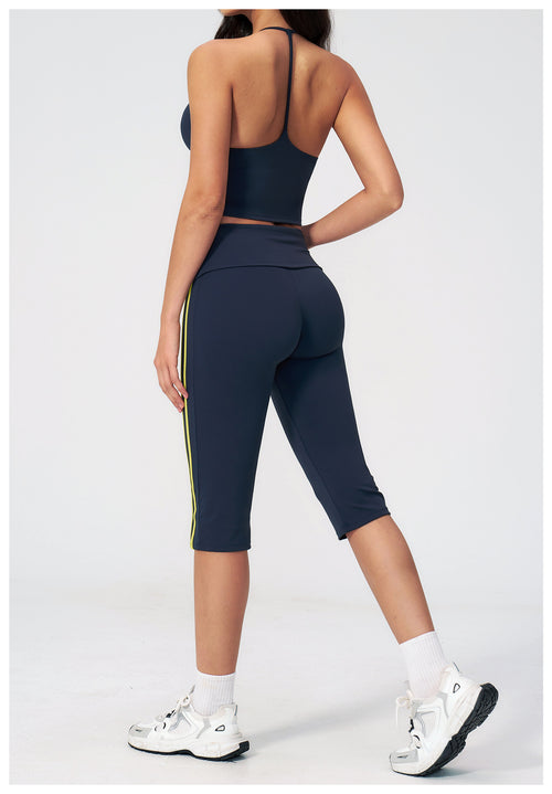 2 PCS Gym Set Women V Neck T-Back Halter Crop Yoga Vest and Fold Over Waist Capri Yoga Leggings