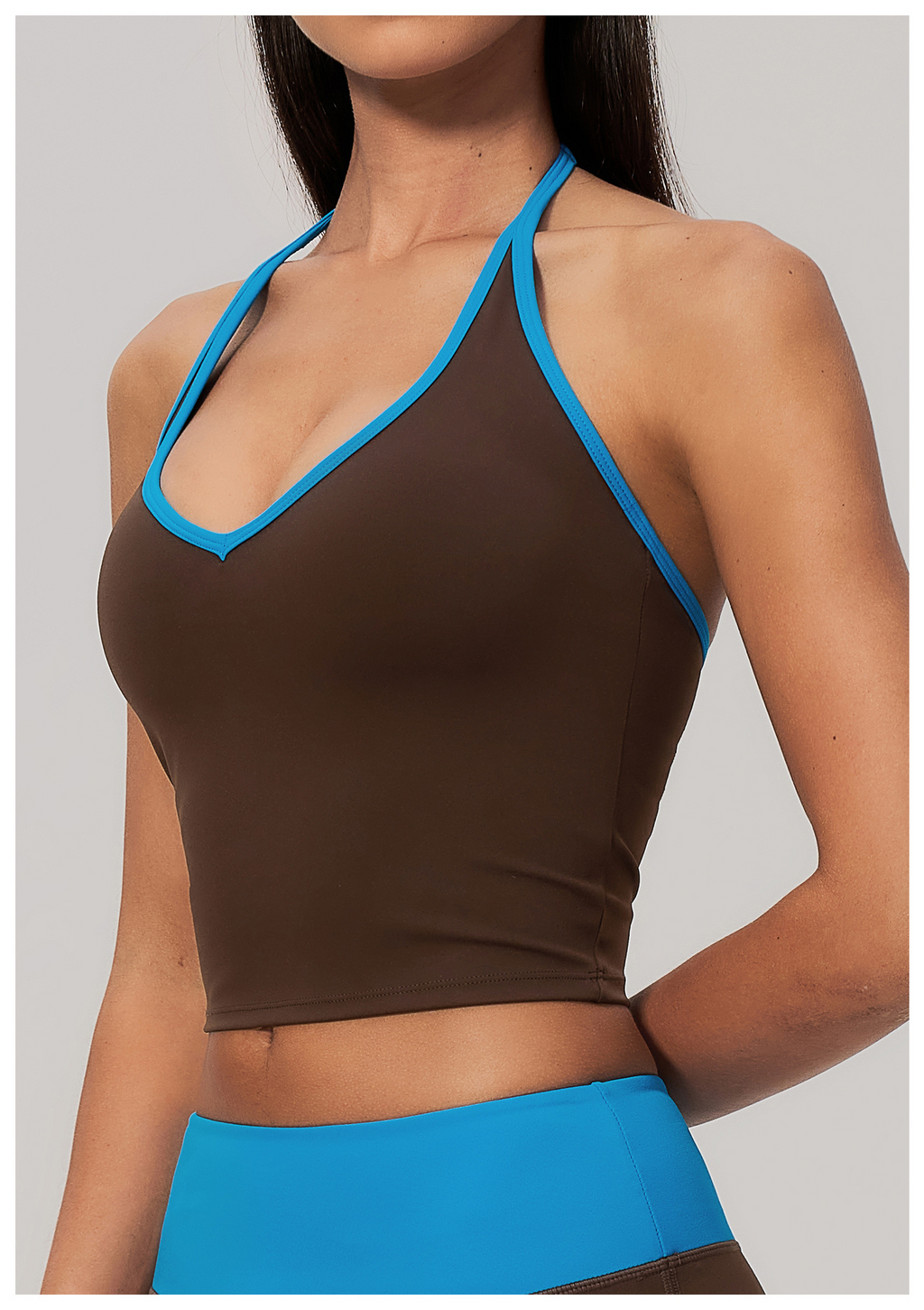 Women ColorBlock V Neck Halter Crop Yoga Tank Top Built in Bra