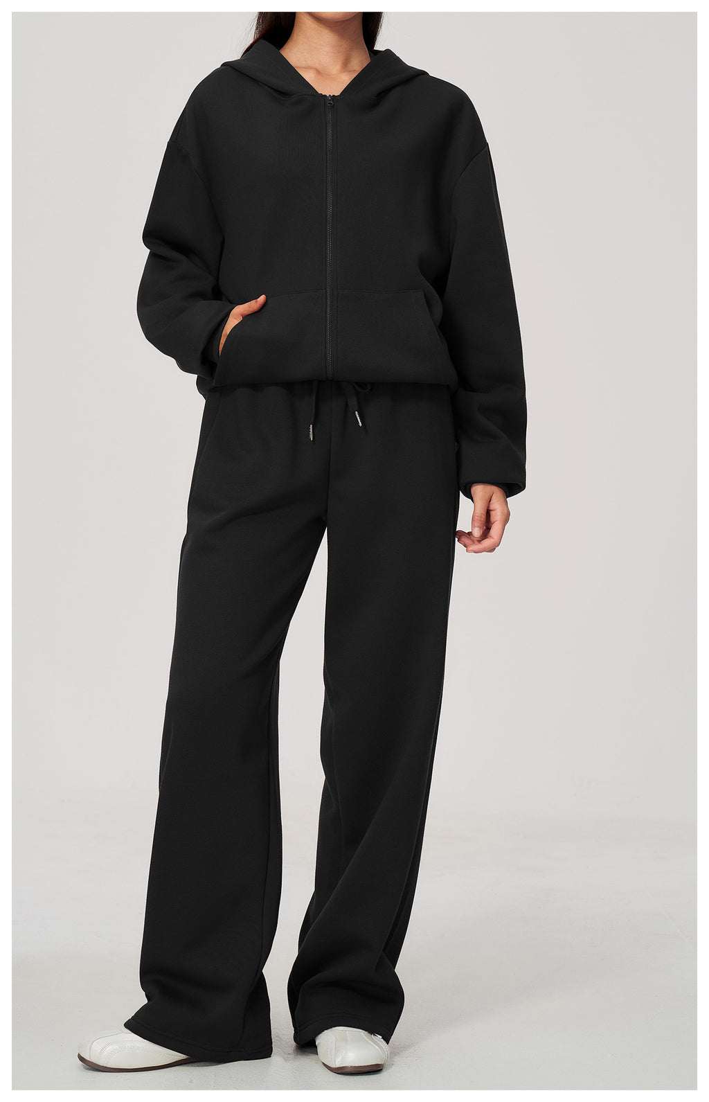 Women 2 Piece Fall Winter Tracksuits Fleece Lined Full Zip Oversized Hooded Jacket and Drawstring Waist Wide Leg Sweatpants with Side Pockets