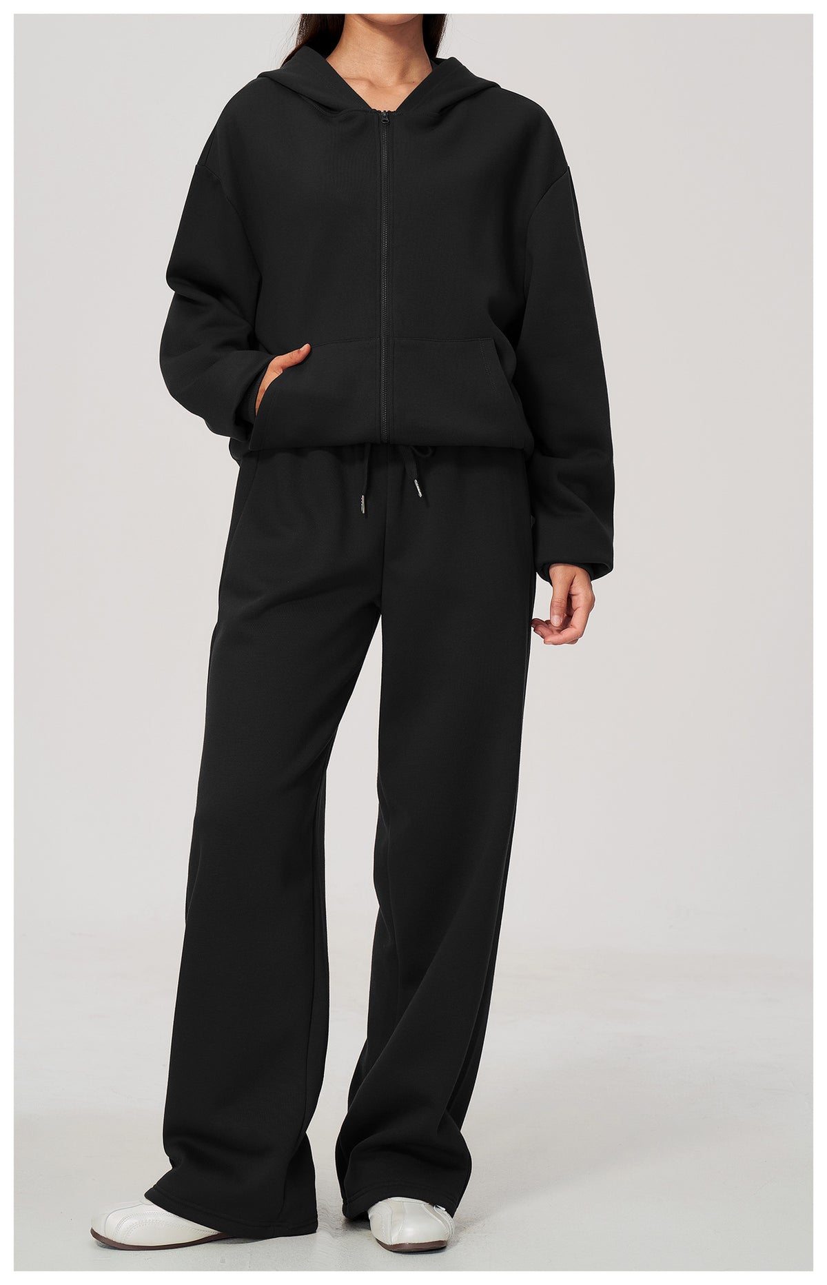 Women 2 Piece Fall Winter Tracksuits Fleece Lined Full Zip Oversized Hooded Jacket and Drawstring Waist Wide Leg Sweatpants with Side Pockets
