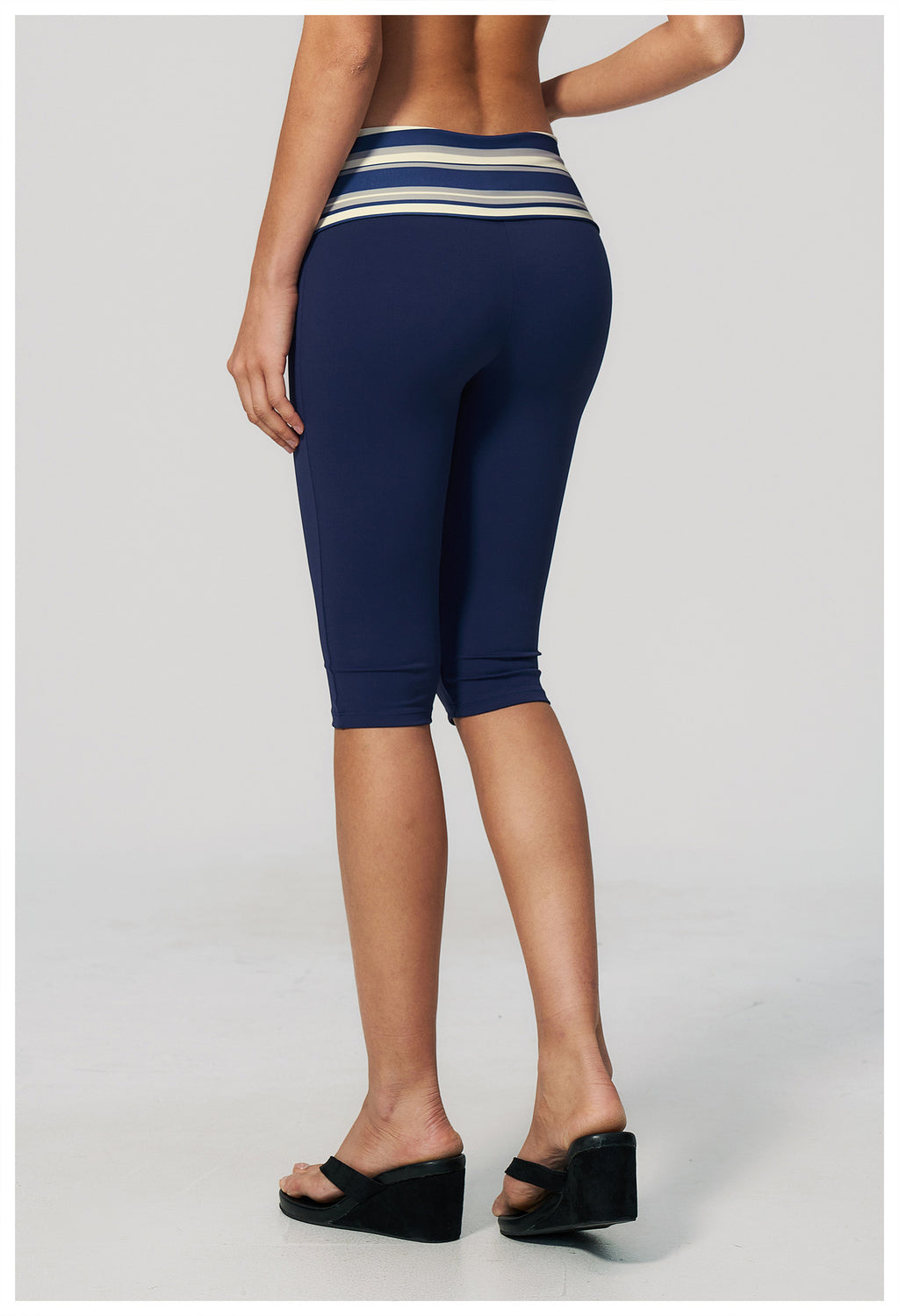 Women Fold Over Striped Waist Capri Yoga Pants High Waist Workout Capris Leggings
