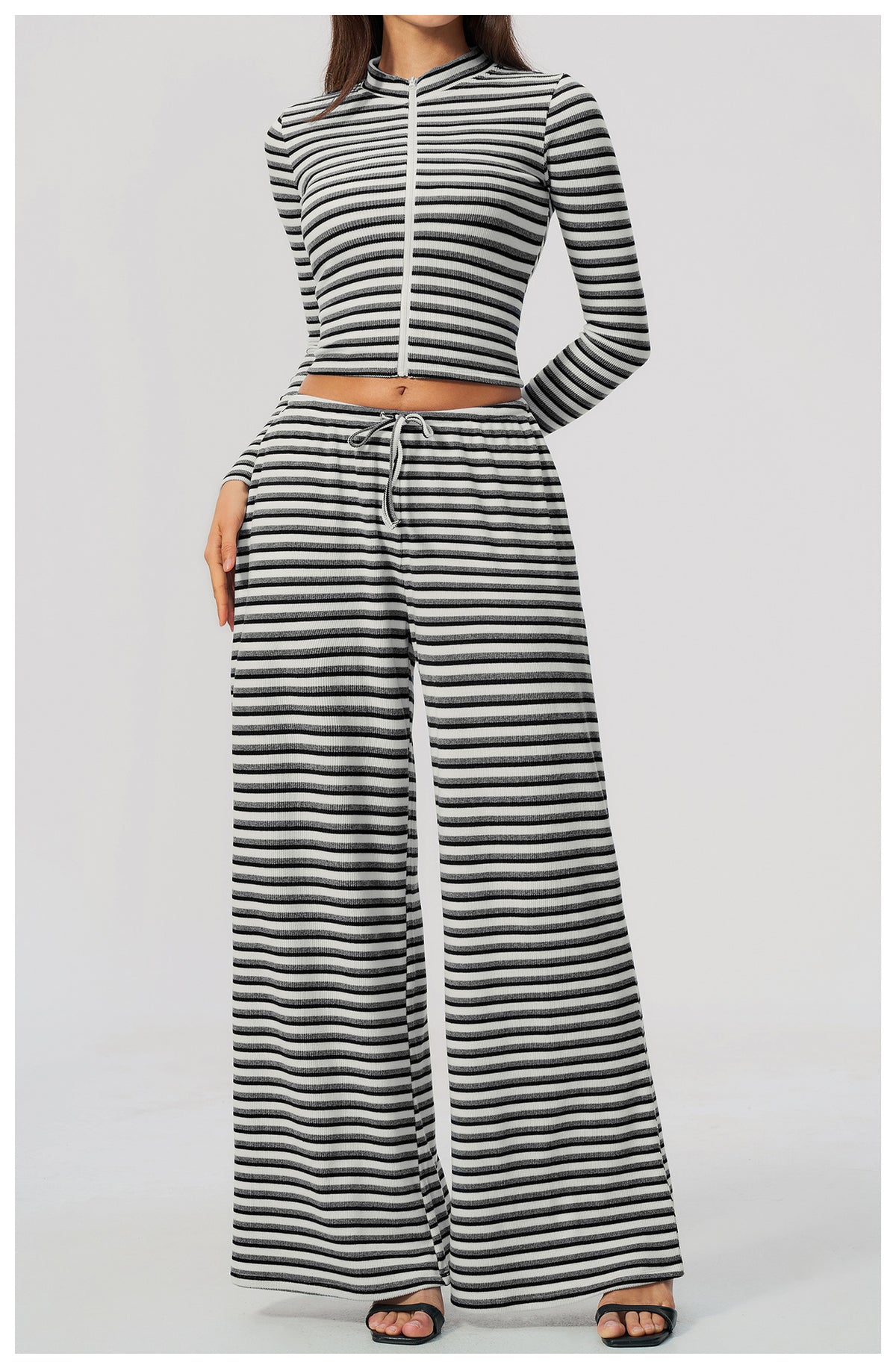 2 Piece Workout Loungewear Set Women Ribbed Striped Stand Collar Long Sleeve Cropped Zip up Jacket and Elastic Drawstring Waist Wide Leg Pants with Pocket