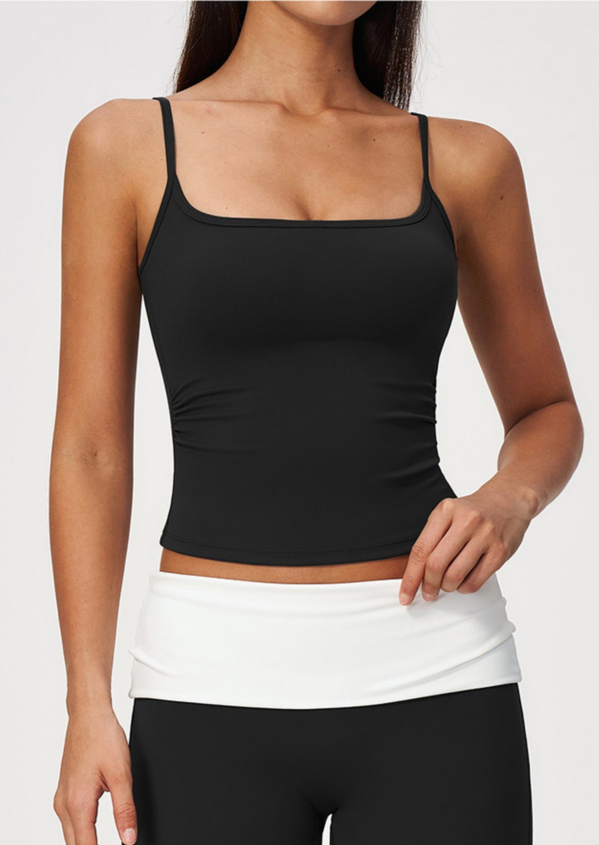 Women Square Neck Adjustable Strap Ruched Slim Fit Workout Yoga Vest with Chest Pad