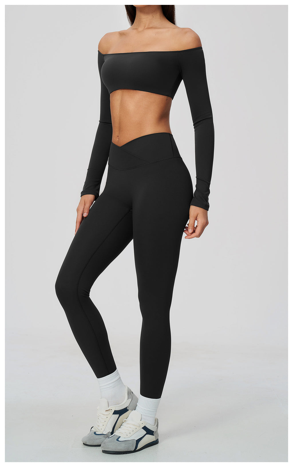 2 Piece Off-The-Shoulder Long Sleeve Crop Top and Cross Waist Yoga Leggings Set