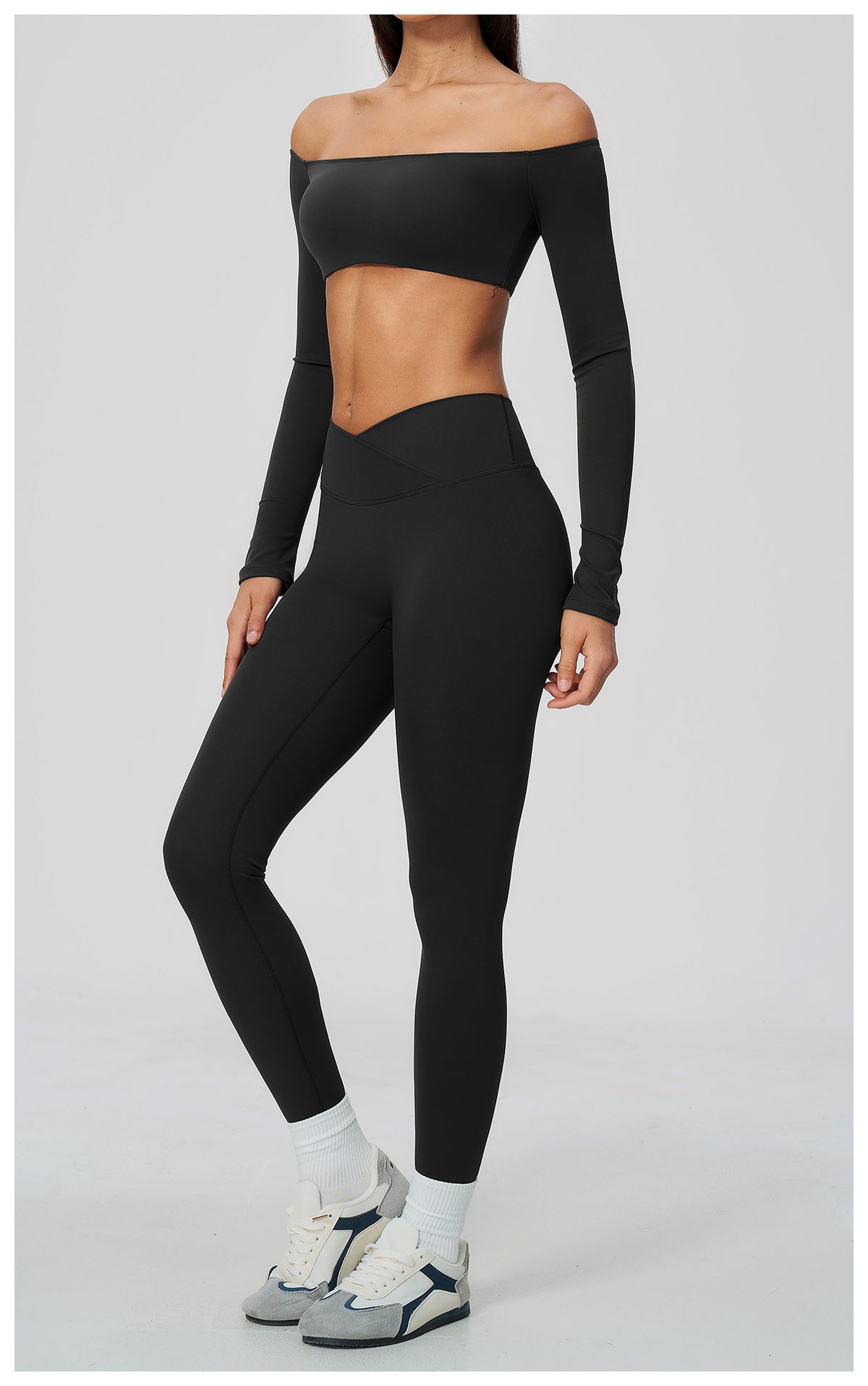 2 Piece Off-The-Shoulder Long Sleeve Crop Top and Cross Waist Yoga Leggings Set
