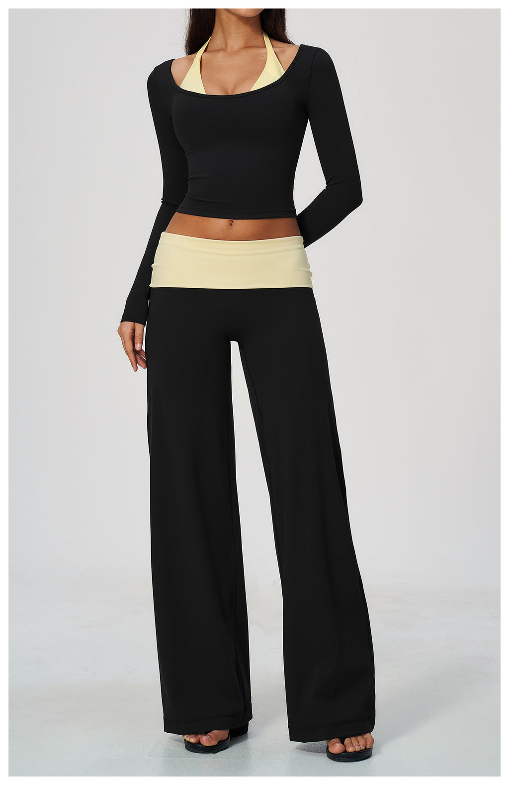2 Piece Colorblock Double Strap Halter Long Sleeve Cropped Fitness Yoga Top and Foldover Waist High-Rise Loose Wide Leg Yoga Pants Set