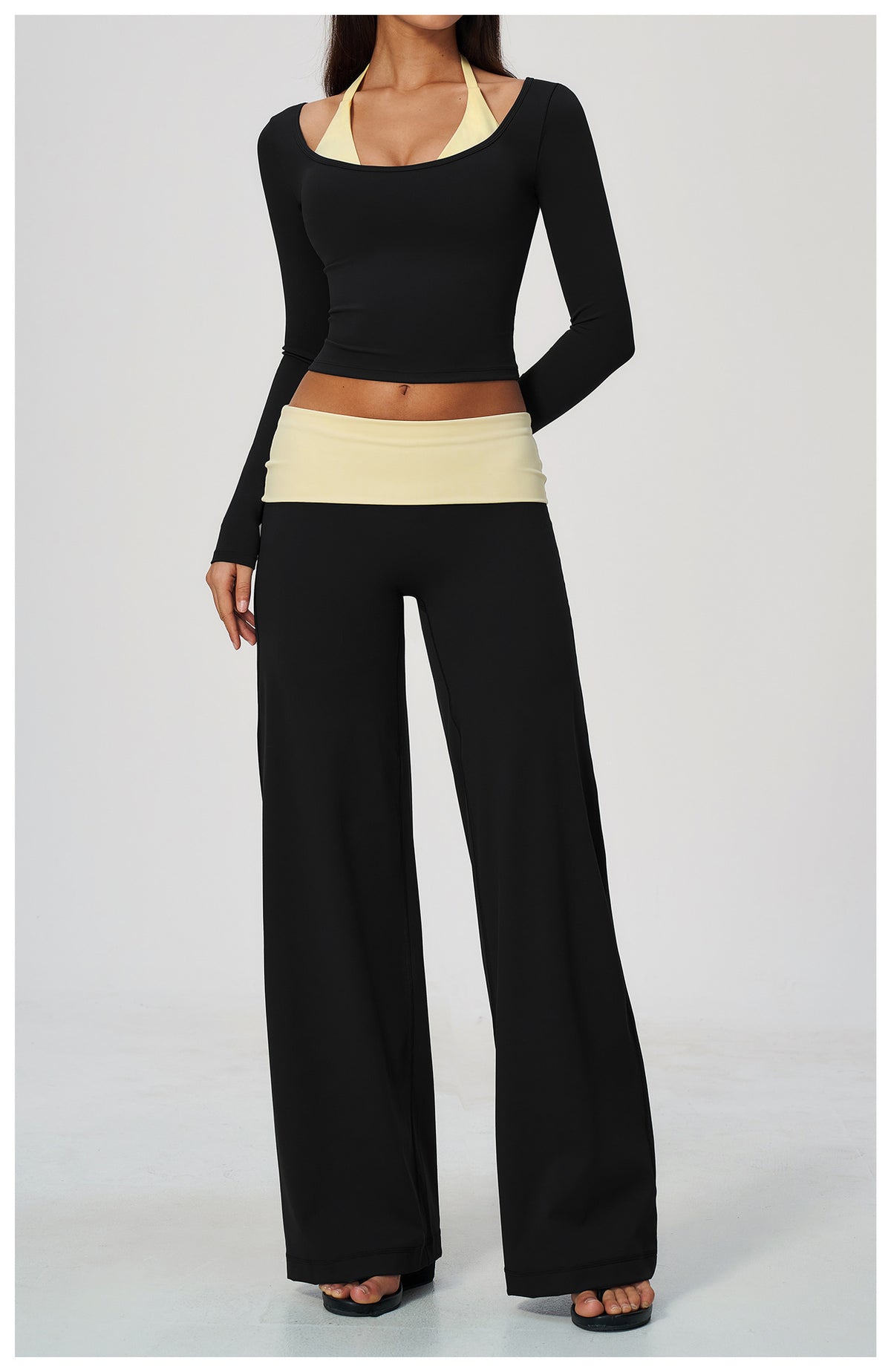 2 Piece Colorblock Double Strap Halter Long Sleeve Cropped Fitness Yoga Top and Foldover Waist High-Rise Loose Wide Leg Yoga Pants Set