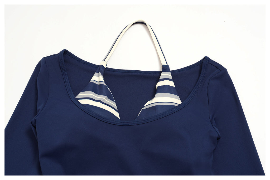 Women 2 Piece Yoga Set Halter Fake Two Piece Long Sleeve Yoga Top and Fold Over Striped Waist Wide Leg Workout Pants