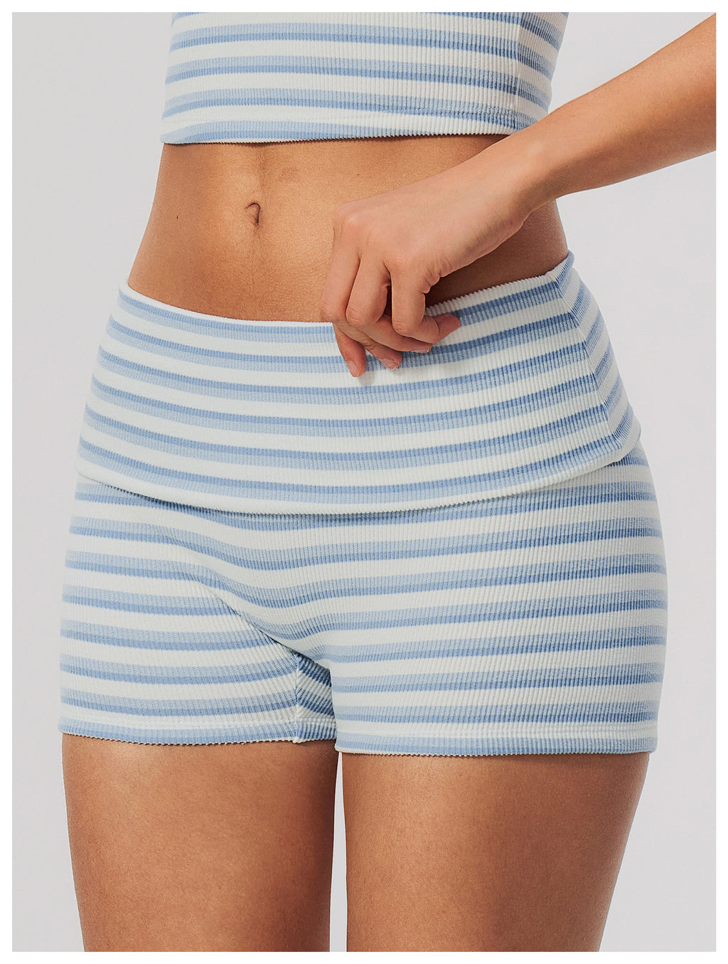 Women Ribbed Striped Fold Over High Waist Yoga Biker Shorts