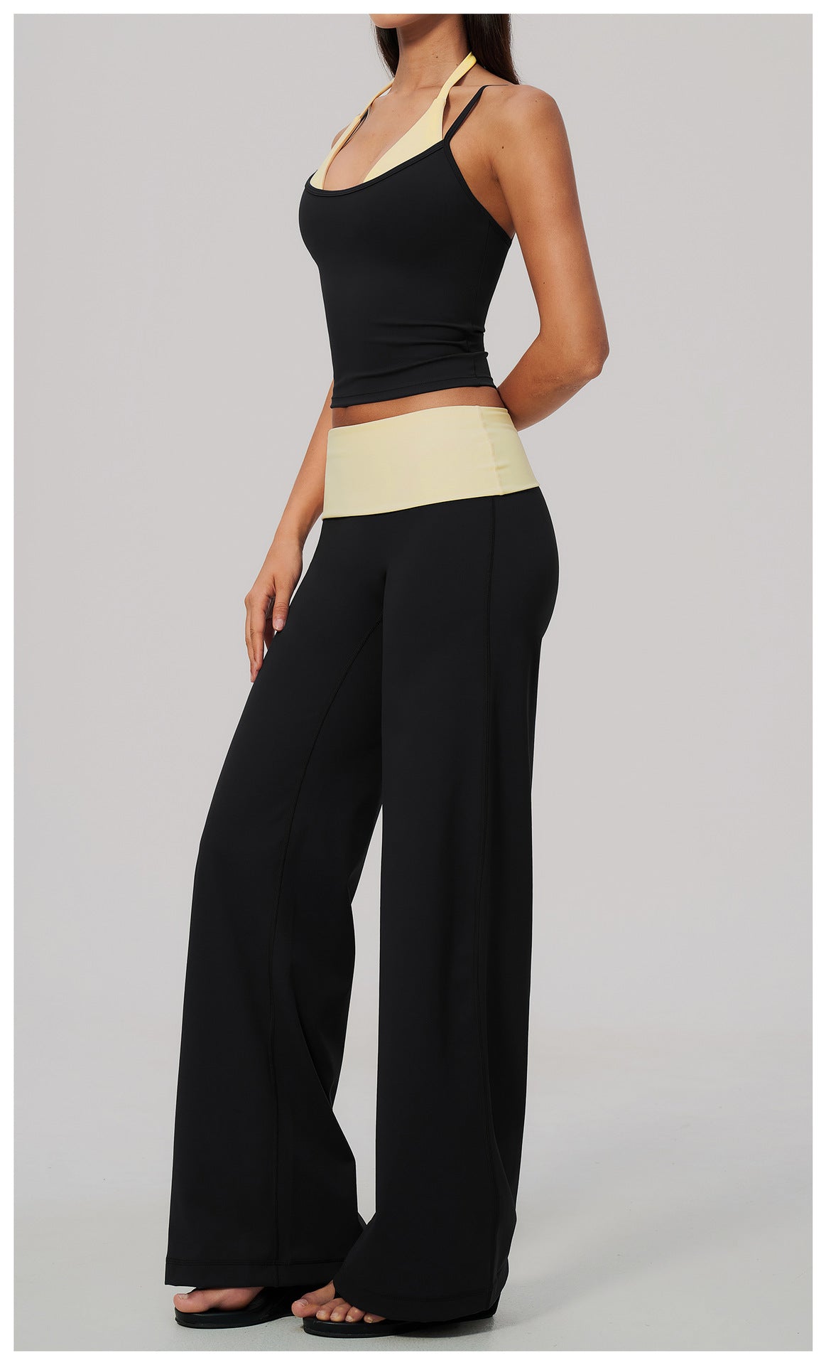 2 Piece Colorblock Double Strap Halter Yoga Vest and Foldover Waist High-Rise Loose Wide Leg Yoga Pants Set