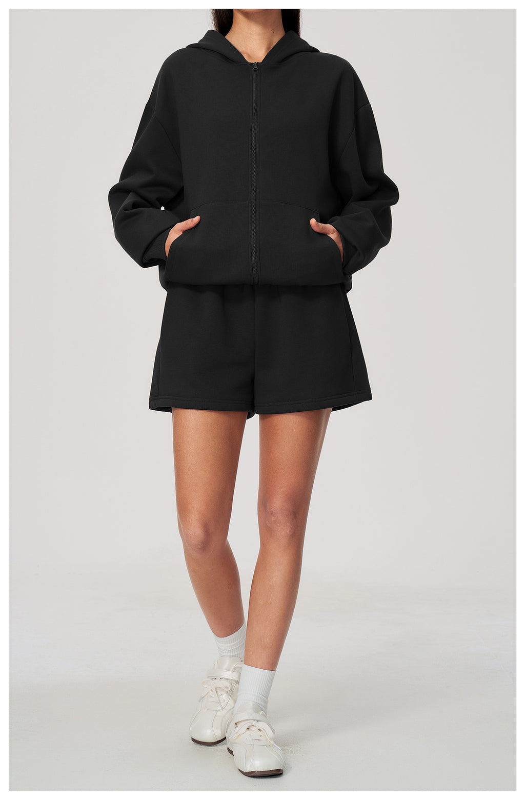 Women 2 Piece Fall Winter Tracksuits Fleece Lined Full Zip Oversized Hooded Jacket and Drawstring Waist Loose Sweat Shorts with Pocket