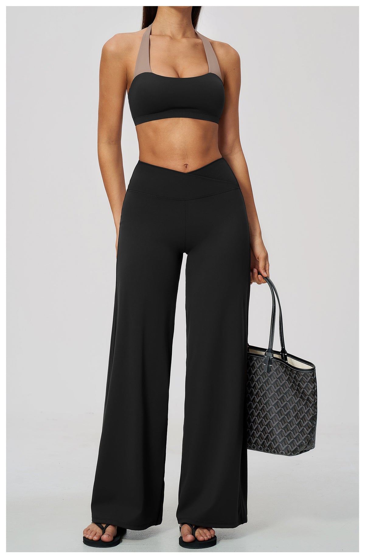2 Piece Colorblock Halter Sports Bra and Cross Waist Wide Leg Yoga Pants Set