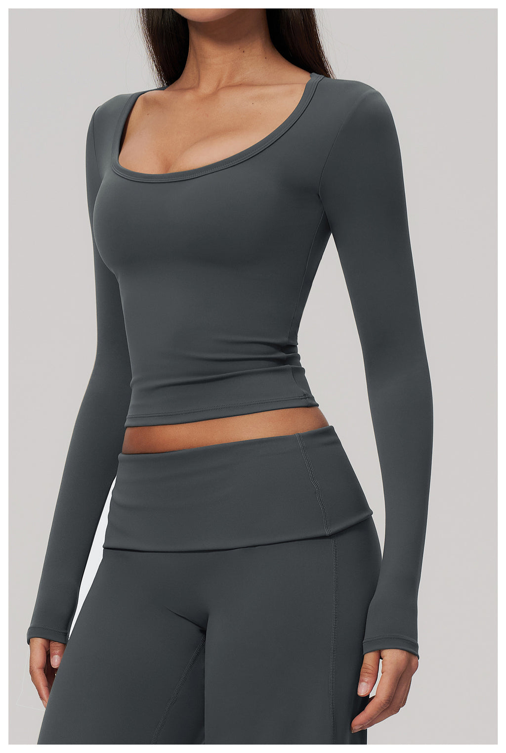 Women U Neck Long Sleeve Crop Yoga Top with Removable Padded