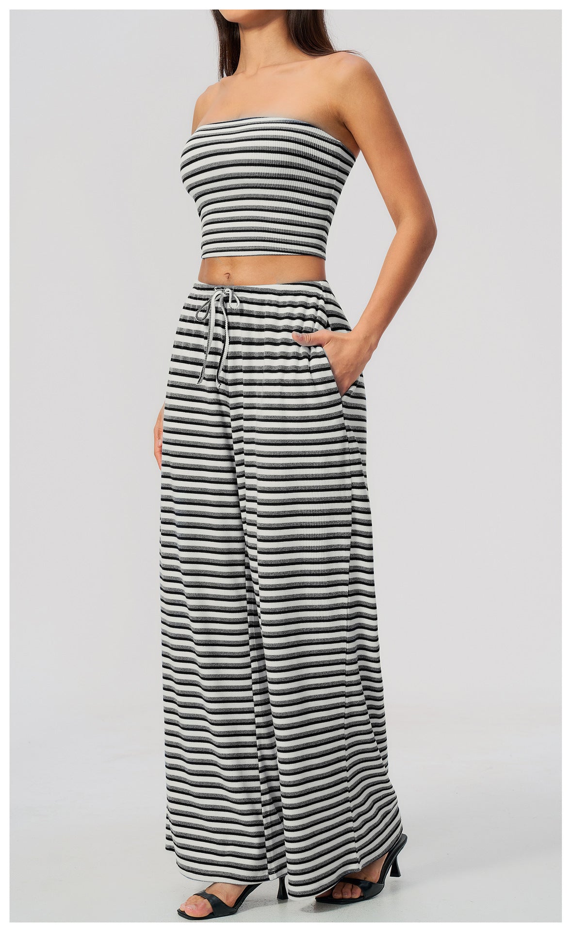 2 Piece Workout Loungewear Set Women Ribbed Striped Strapless Soft Tube Top and Elastic Drawstring Waist Wide Leg Pants with Pocket