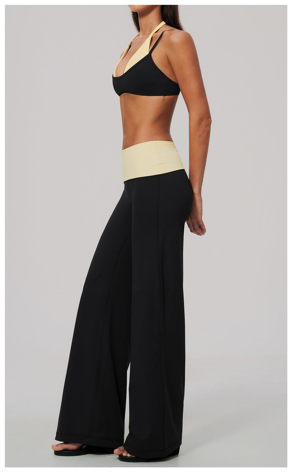 2 Piece Colorblock Double Strap Halter Sports Bra and Foldover Waist High-Rise Loose Wide Leg Yoga Pants Set