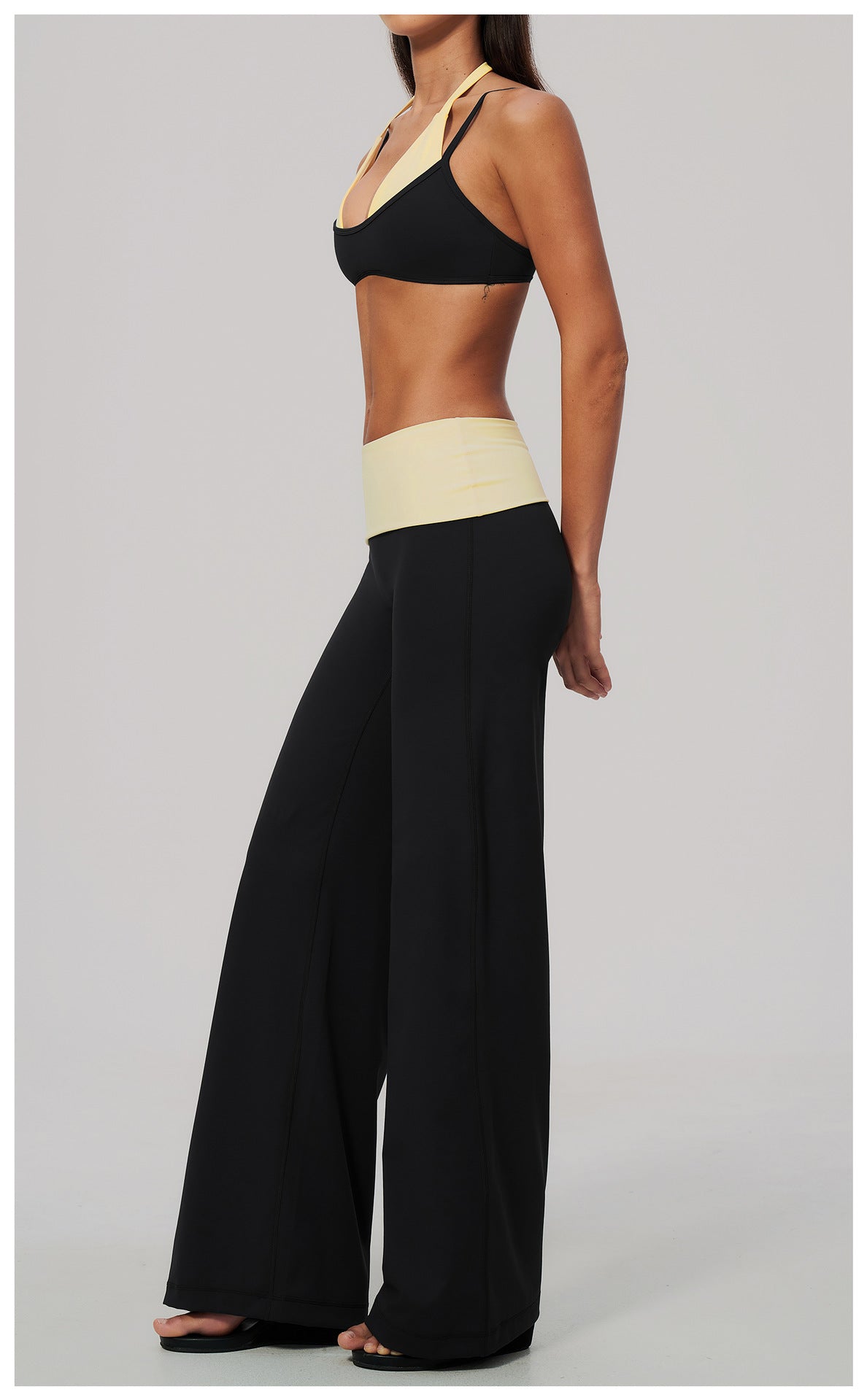2 Piece Colorblock Double Strap Halter Sports Bra and Foldover Waist High-Rise Loose Wide Leg Yoga Pants Set