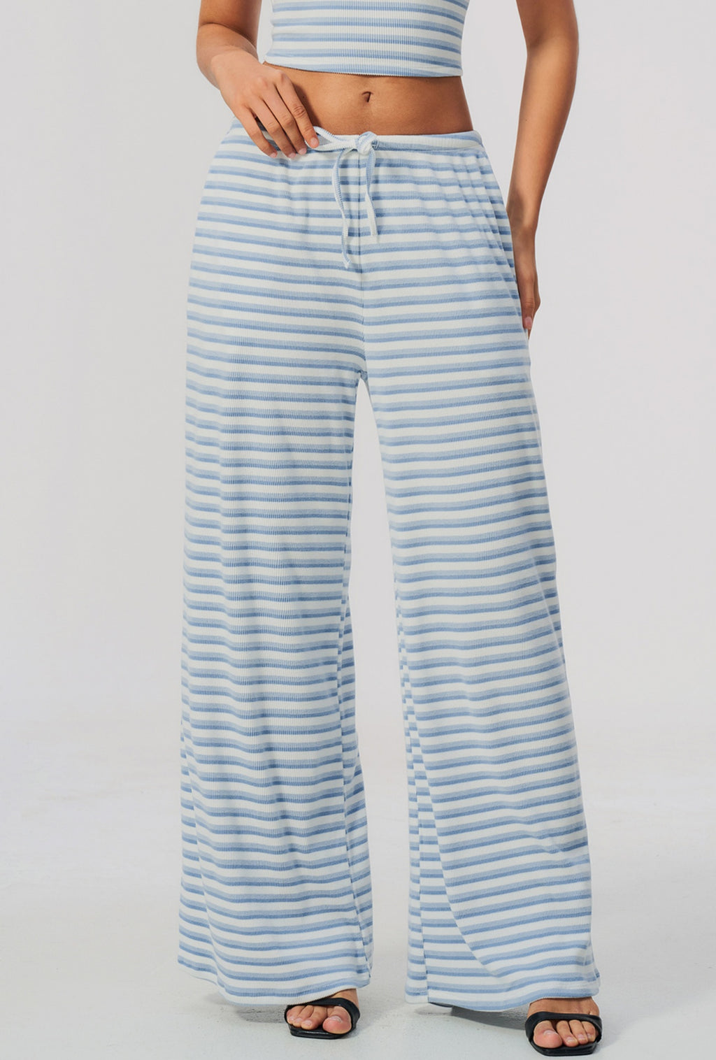 Women Ribbed Striped Wide Leg Pants Elastic Drawstring Waist Casual Loose Trousers With Pockets