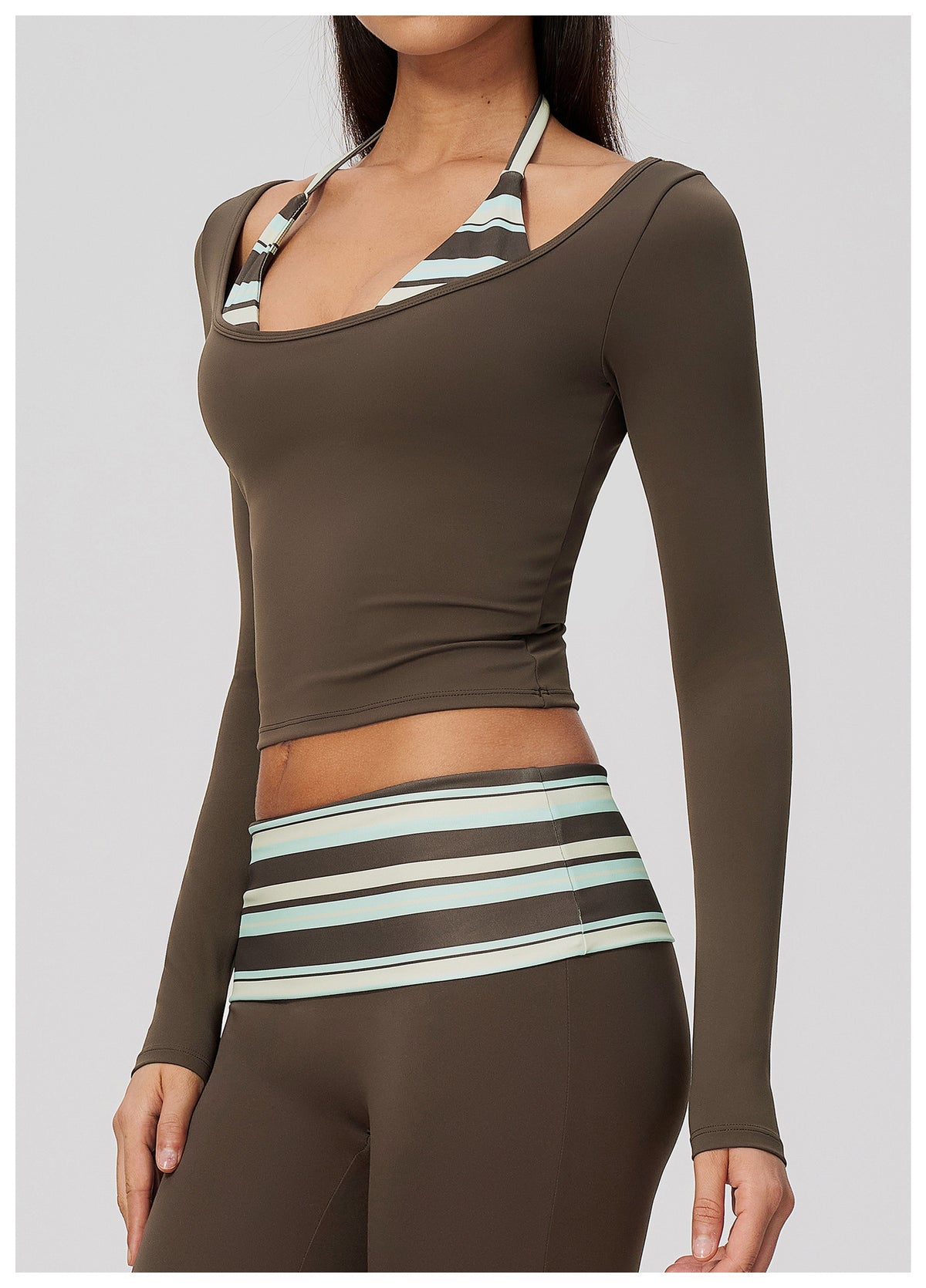 Women Halter Fake Two Piece Long Sleeve Yoga Top High Elastic Slim Fit Workout Sports Gym Active Shirt