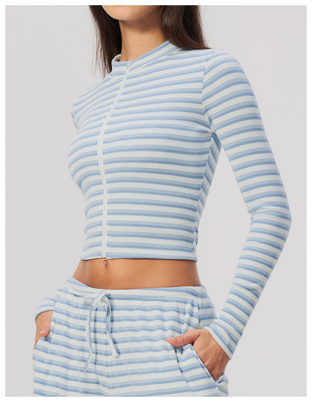 Women Ribbed Striped Stand Collar Long Sleeve Cropped Yoga Sports Zip up Jacket