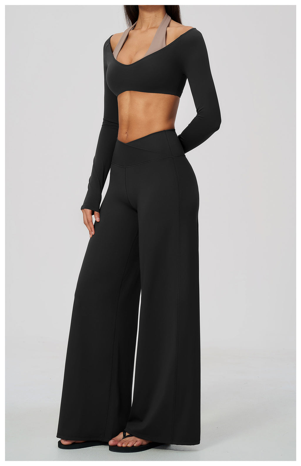2 Piece Colorblock Halter Long Sleeve Cropped Yoga Top and Cross Waist Wide Leg Yoga Pants Set